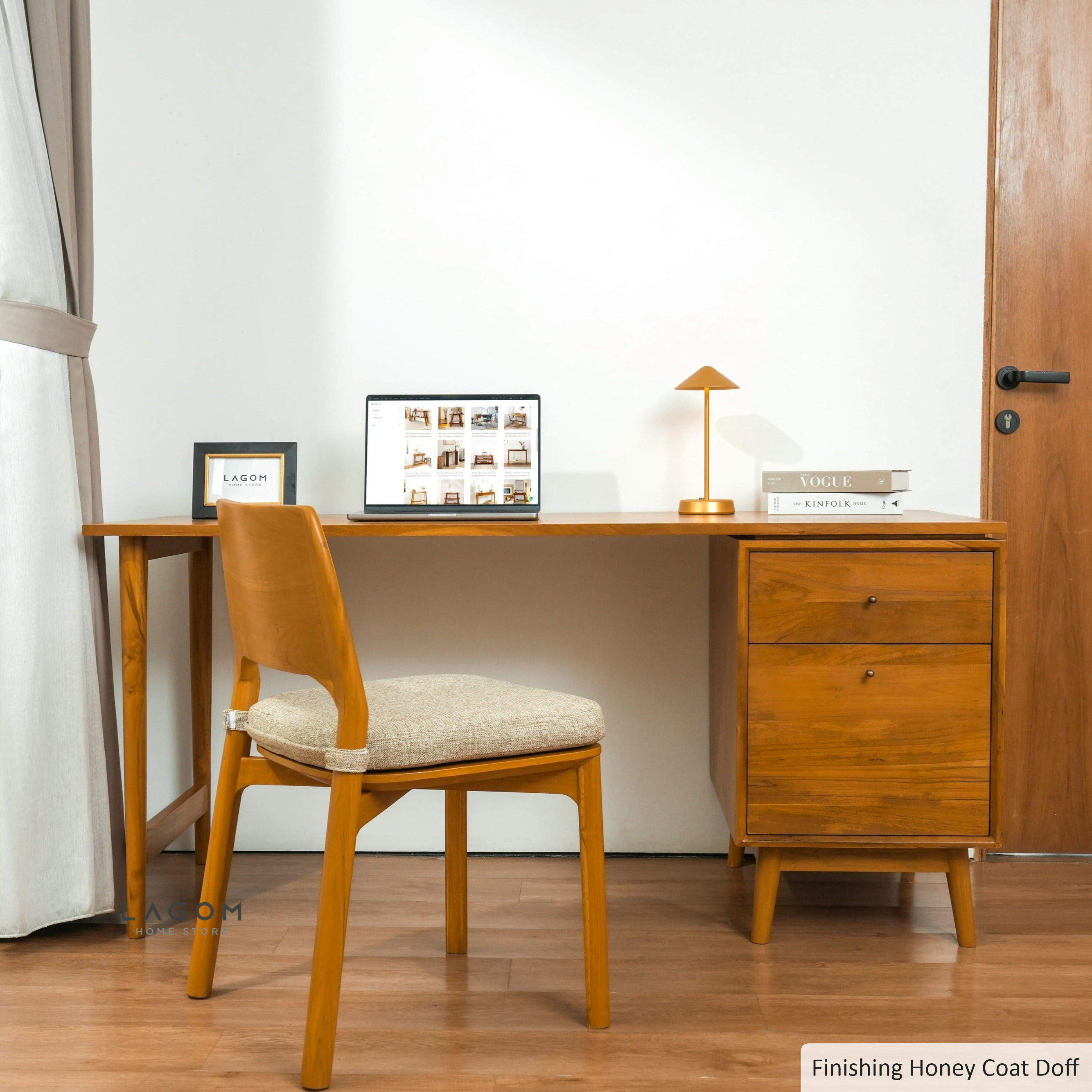 Meja Kerja Minimalis dengan 2 Laci dari Kayu Jati Solid Desk Set (Desk + Chair) Desk Lagom Home Store Jati Furnitur Teak Furniture Jakarta