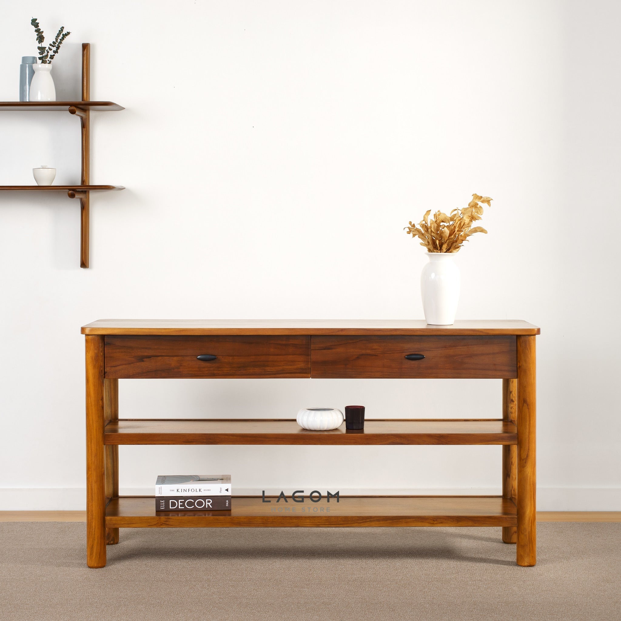 Meja Konsol dengan Laci dan Ambalan Luas dari Kayu Jati Console Table Lagom Home Store Jati Furnitur Teak Furniture Jakarta