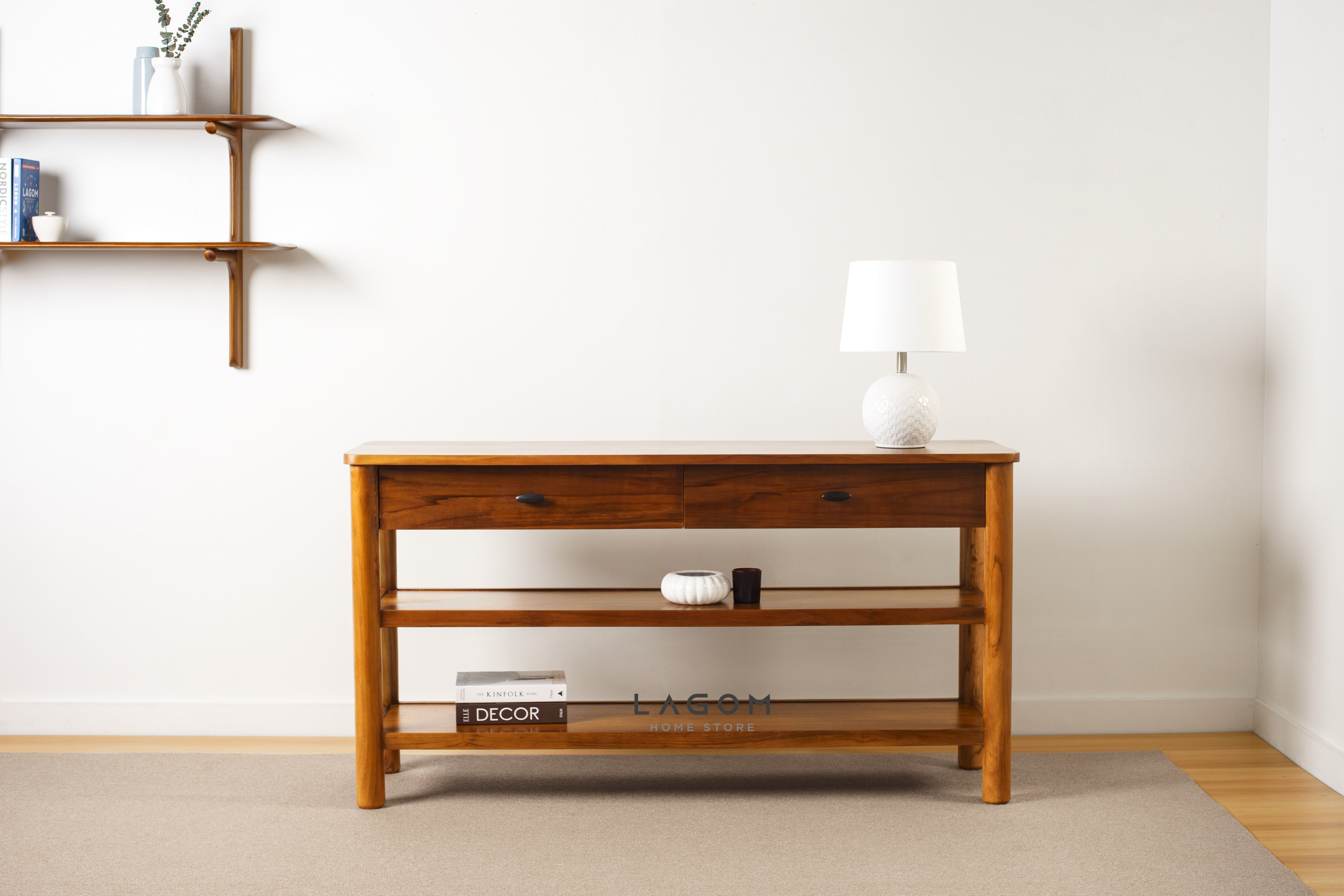 Meja Konsol dengan Laci dan Ambalan Luas dari Kayu Jati Console Table Lagom Home Store Jati Furnitur Teak Furniture Jakarta