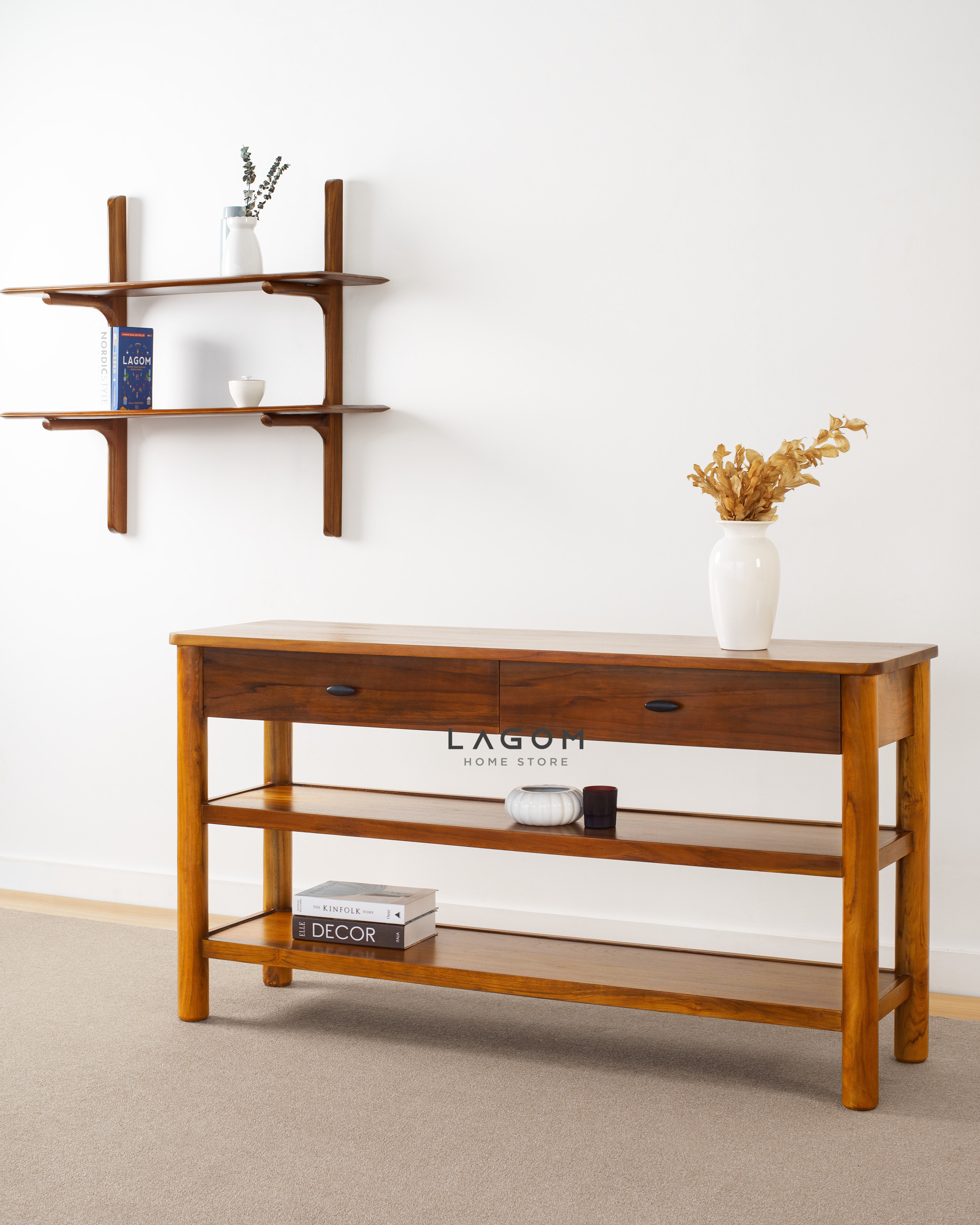 Meja Konsol dengan Laci dan Ambalan Luas dari Kayu Jati Console Table Lagom Home Store Jati Furnitur Teak Furniture Jakarta