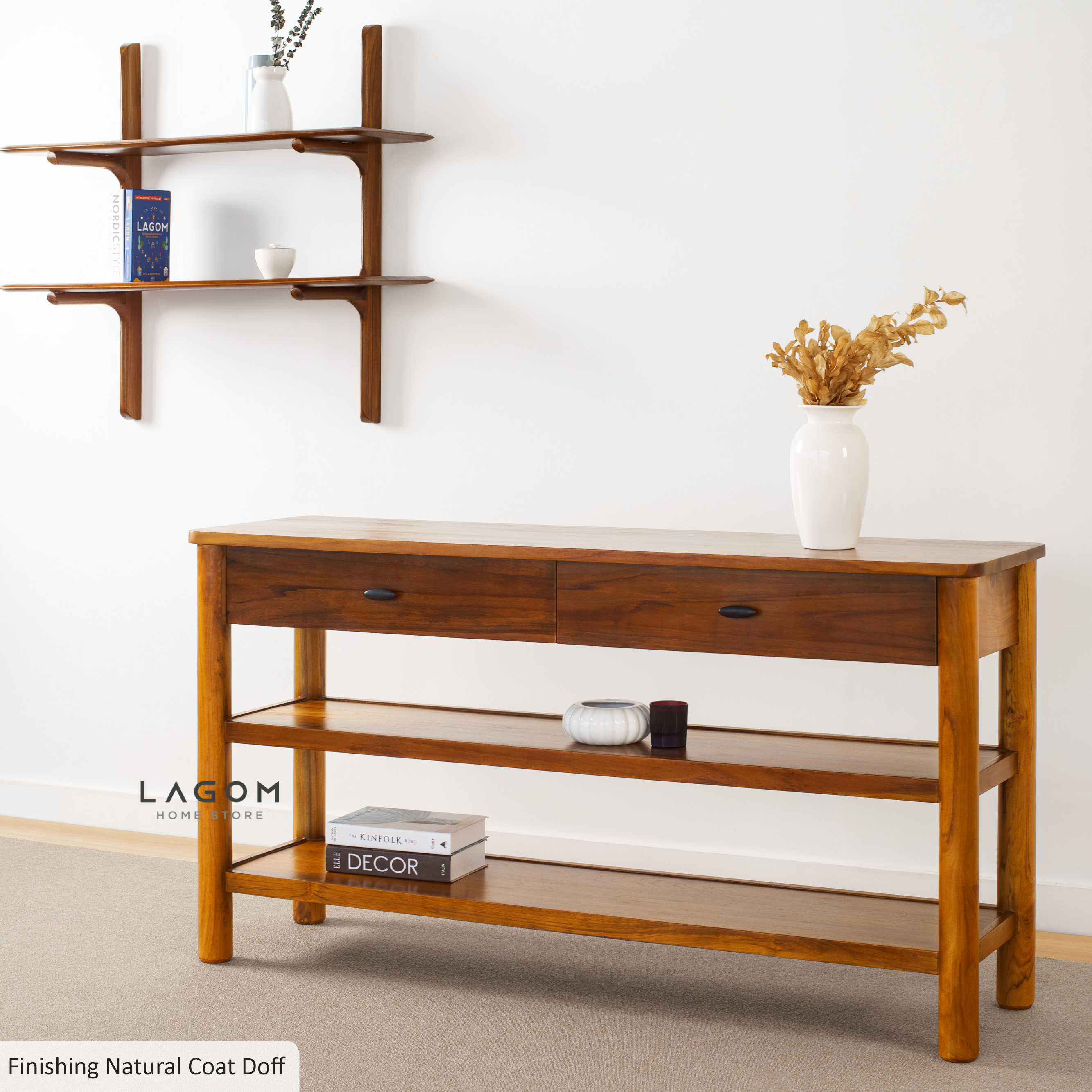 Meja Konsol dengan Laci dan Ambalan Luas dari Kayu Jati Console Table Lagom Home Store Jati Furnitur Teak Furniture Jakarta