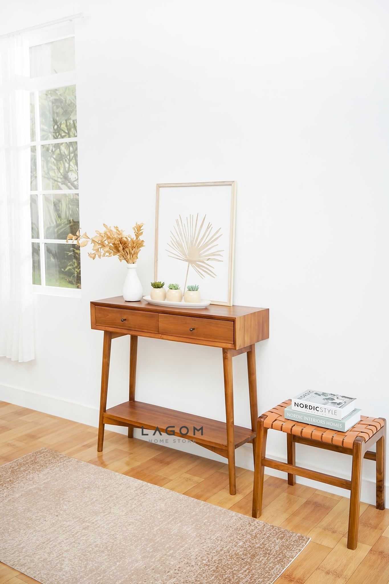 Meja Konsol Dua Laci dan Ambalan dari Kayu Jati Solid Console Table Lagom Home Store Jati Furnitur Teak Furniture Jakarta