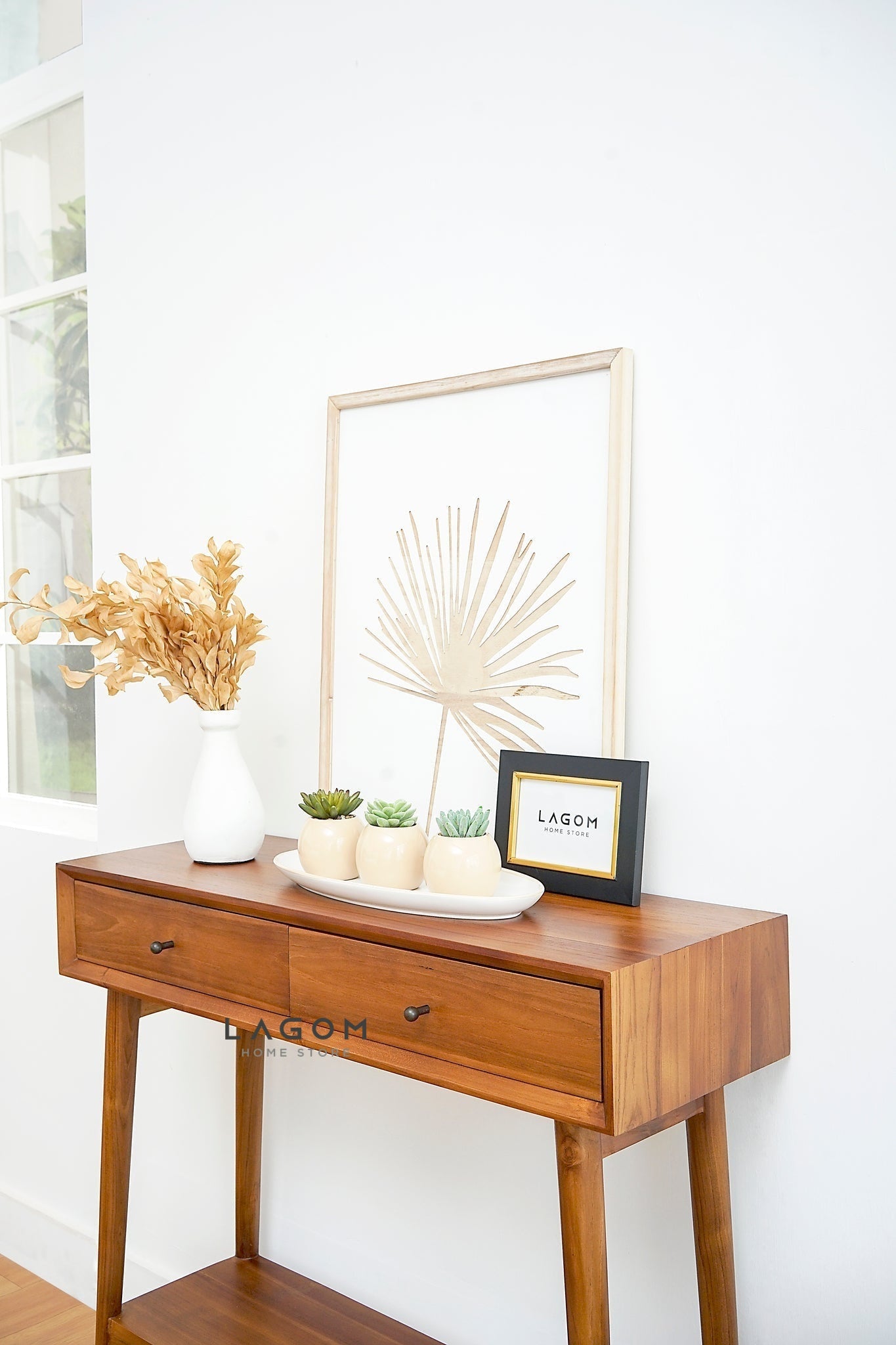 Meja Konsol Dua Laci dan Ambalan dari Kayu Jati Solid Console Table Lagom Home Store Jati Furnitur Teak Furniture Jakarta
