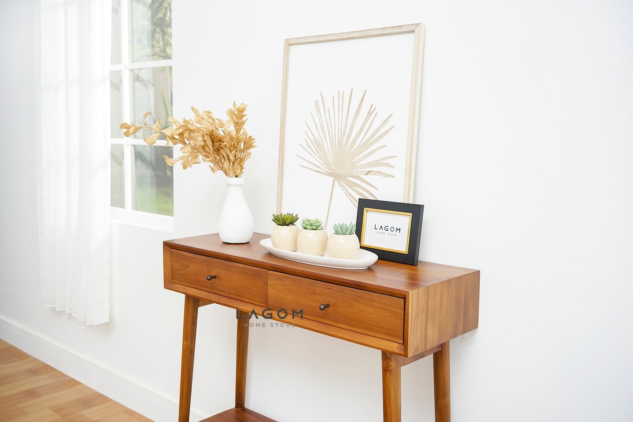 Meja Konsol Dua Laci dan Ambalan dari Kayu Jati Solid Console Table Lagom Home Store Jati Furnitur Teak Furniture Jakarta