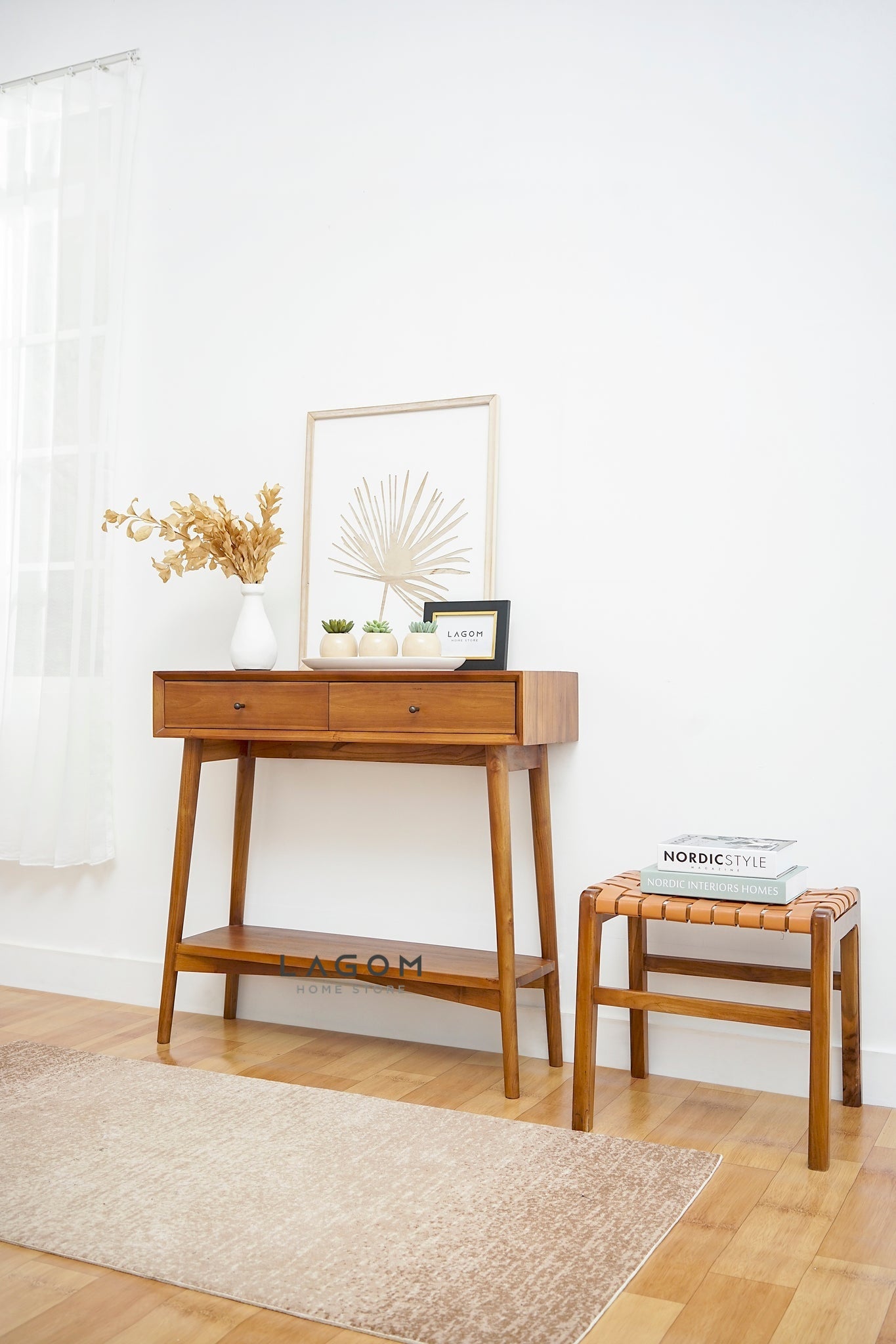 Meja Konsol Dua Laci dan Ambalan dari Kayu Jati Solid Console Table Lagom Home Store Jati Furnitur Teak Furniture Jakarta