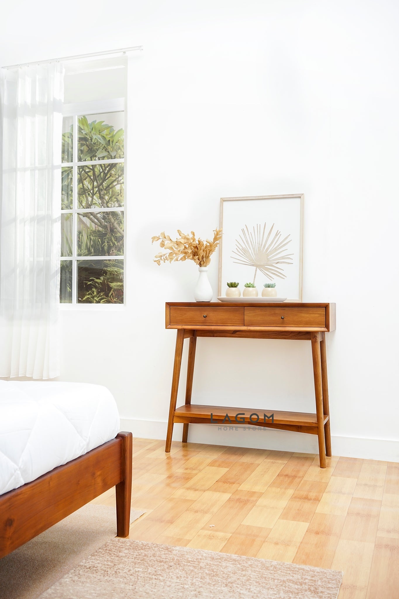 Meja Konsol Dua Laci dan Ambalan dari Kayu Jati Solid Console Table Lagom Home Store Jati Furnitur Teak Furniture Jakarta