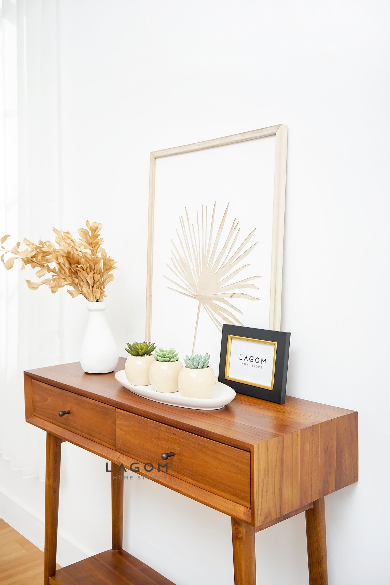 Meja Konsol Dua Laci dan Ambalan dari Kayu Jati Solid Console Table Lagom Home Store Jati Furnitur Teak Furniture Jakarta