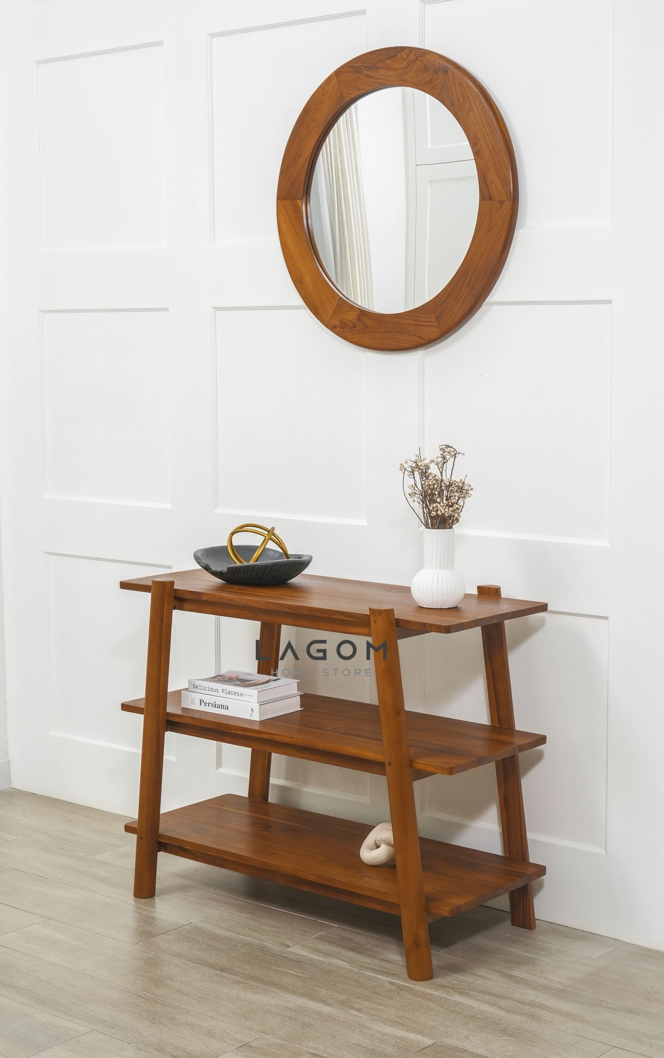 Meja Konsol Kayu Jati dengan 3 Ambalan Console Table Lagom Home Store Jati Furnitur Teak Furniture Jakarta