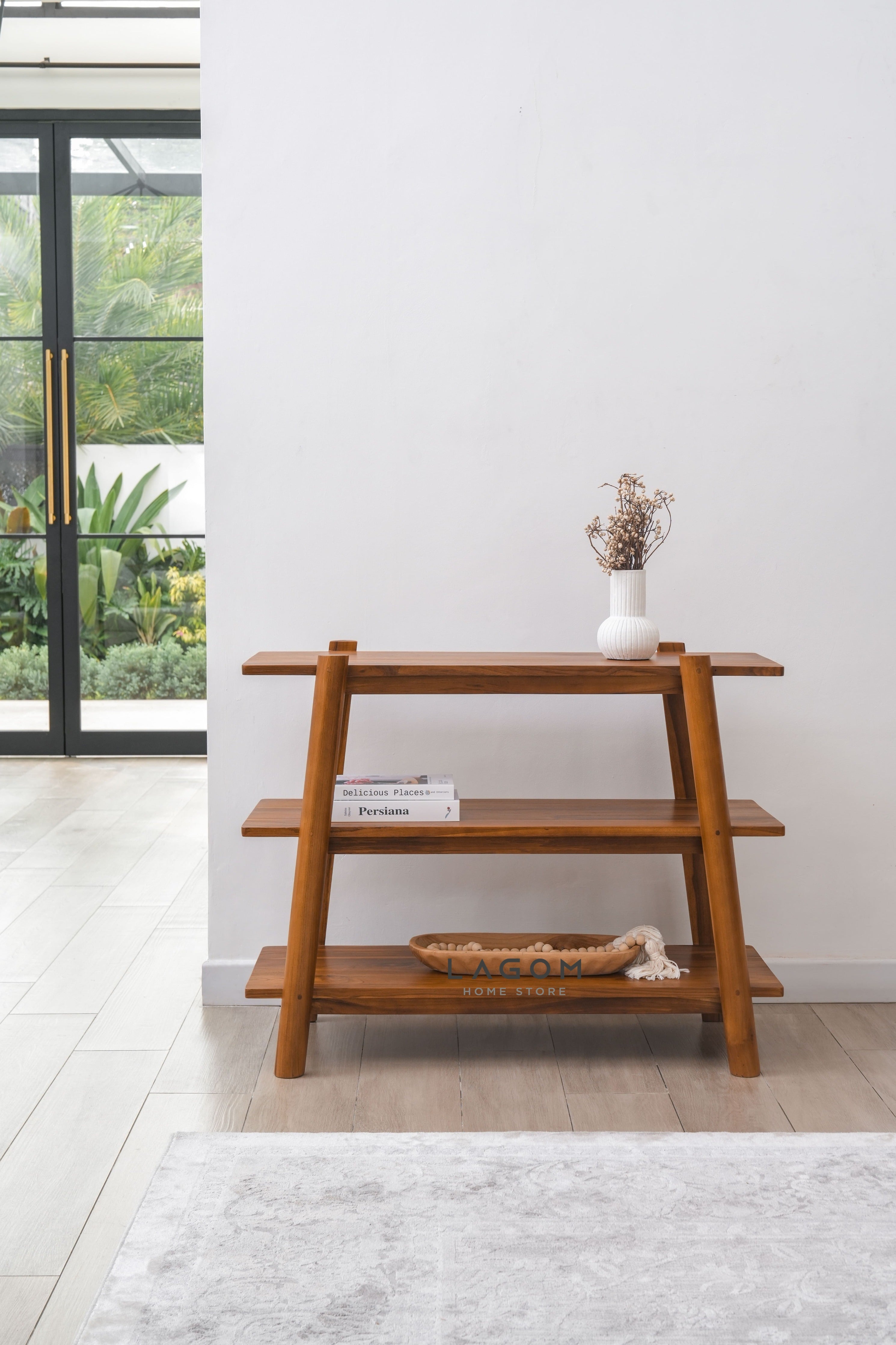 Meja Konsol Kayu Jati dengan 3 Ambalan Console Table Lagom Home Store Jati Furnitur Teak Furniture Jakarta