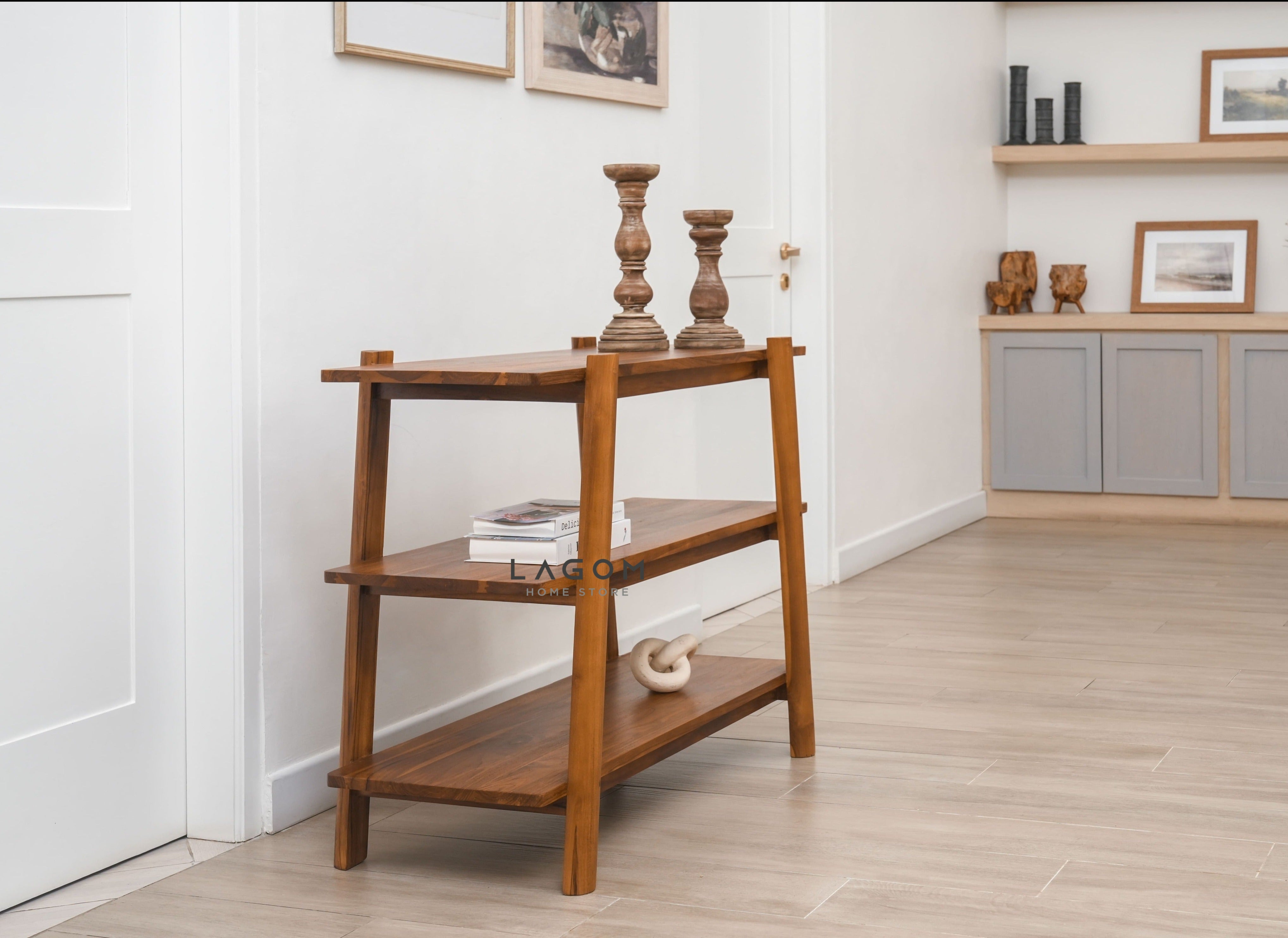 Meja Konsol Kayu Jati dengan 3 Ambalan Console Table Lagom Home Store Jati Furnitur Teak Furniture Jakarta