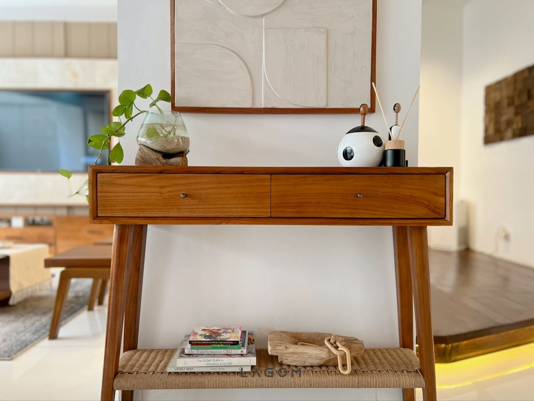 Meja Konsol Kayu Jati dengan Laci dan Ambalan Loom Premium Console Table Lagom Home Store Jati Furnitur Teak Furniture Jakarta
