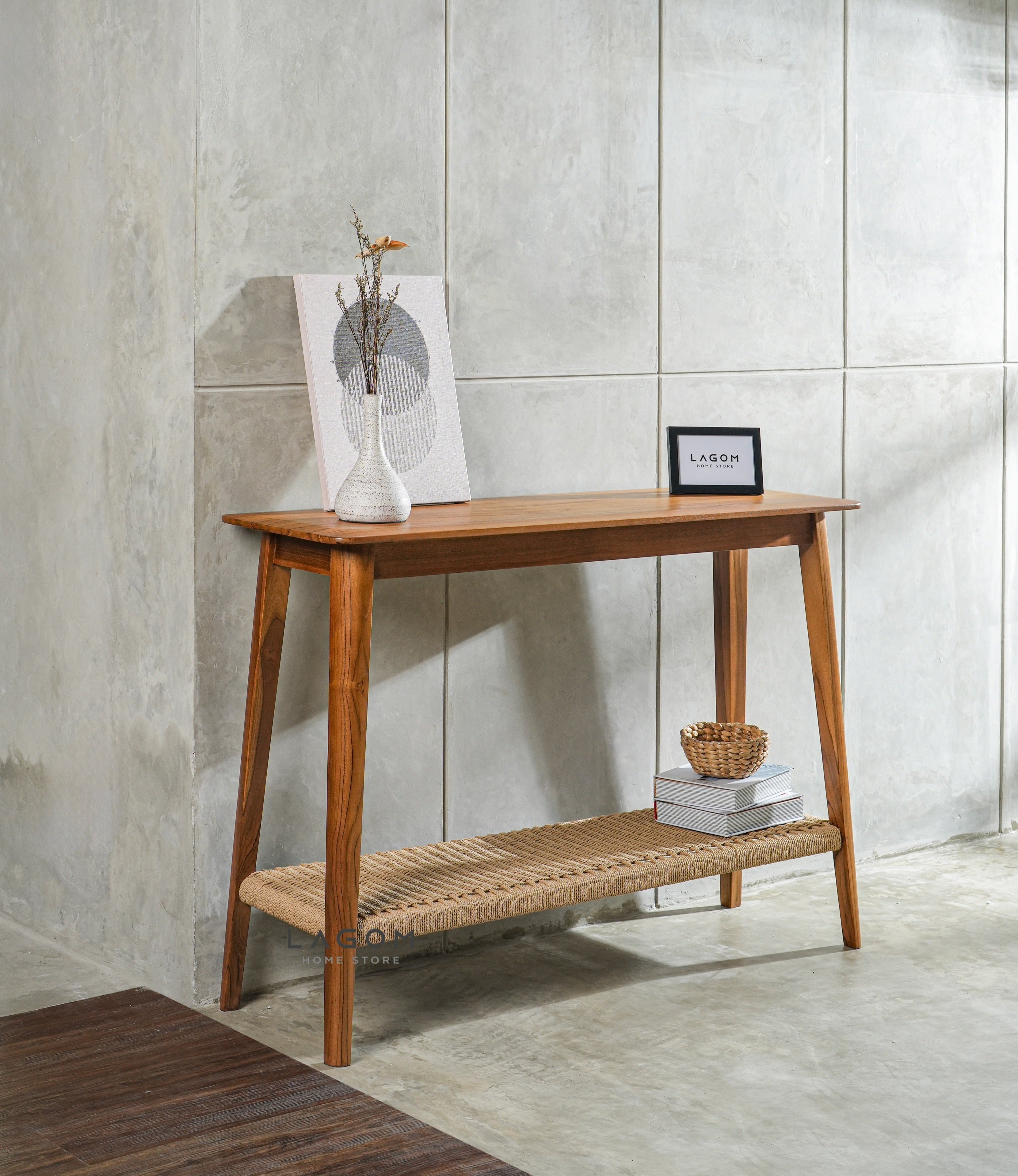 Meja Konsol Kayu Jati dengan Rak Premium Loom Console Table Lagom Home Store Jati Furnitur Teak Furniture Jakarta