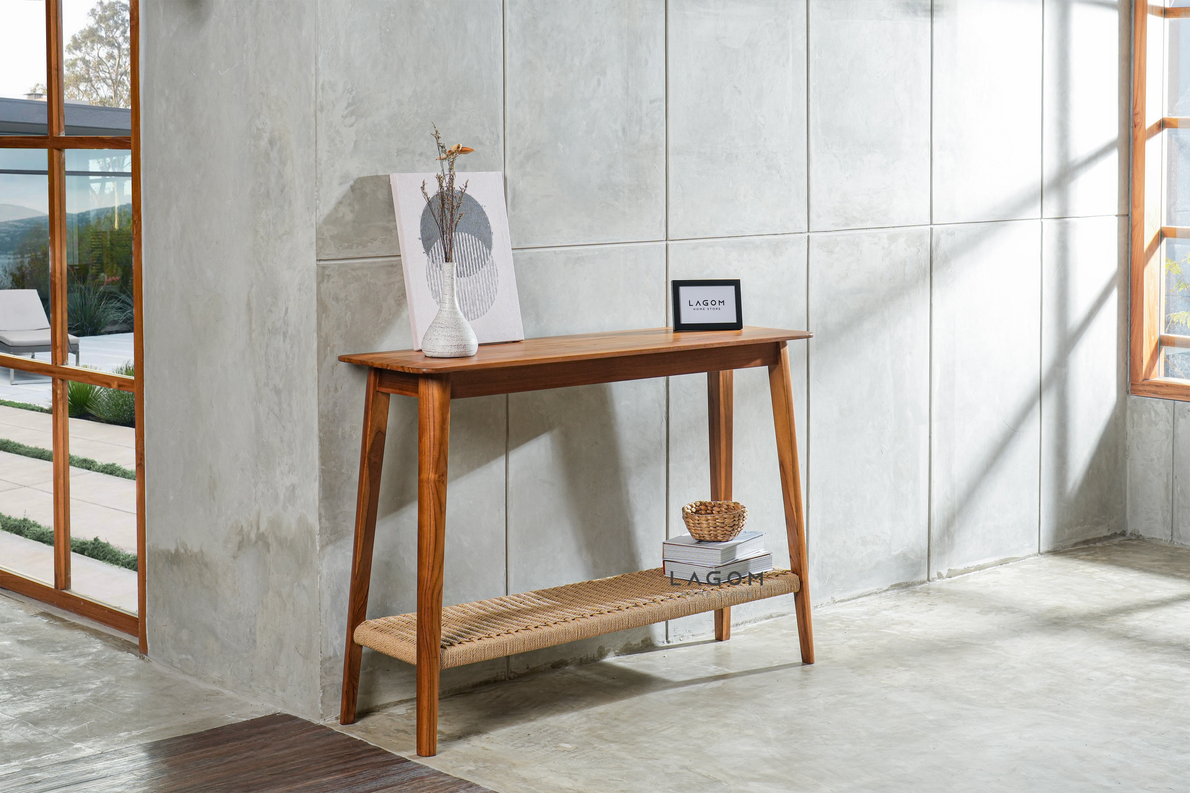 Meja Konsol Kayu Jati dengan Rak Premium Loom Console Table Lagom Home Store Jati Furnitur Teak Furniture Jakarta