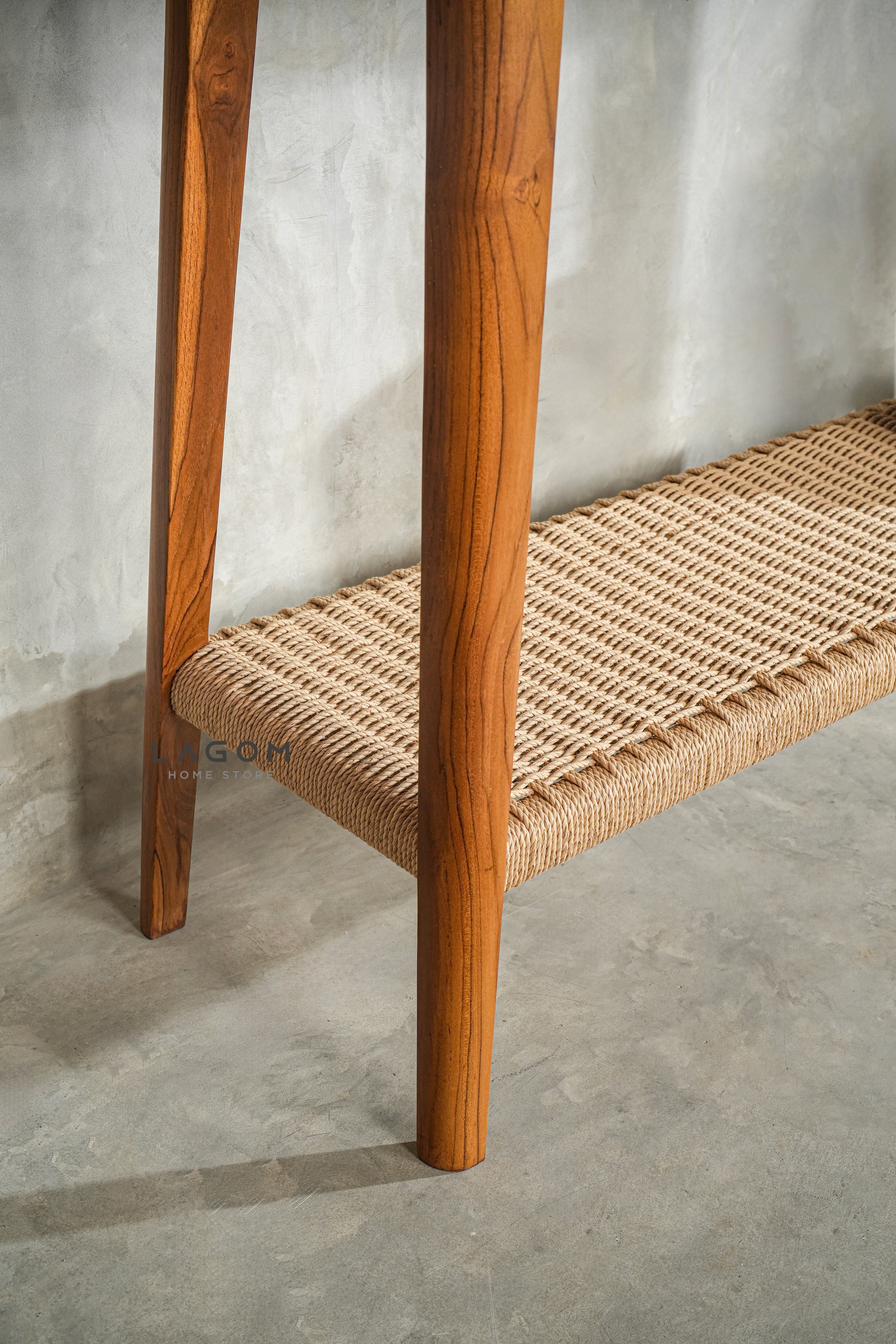 Meja Konsol Kayu Jati dengan Rak Premium Loom Console Table Lagom Home Store Jati Furnitur Teak Furniture Jakarta