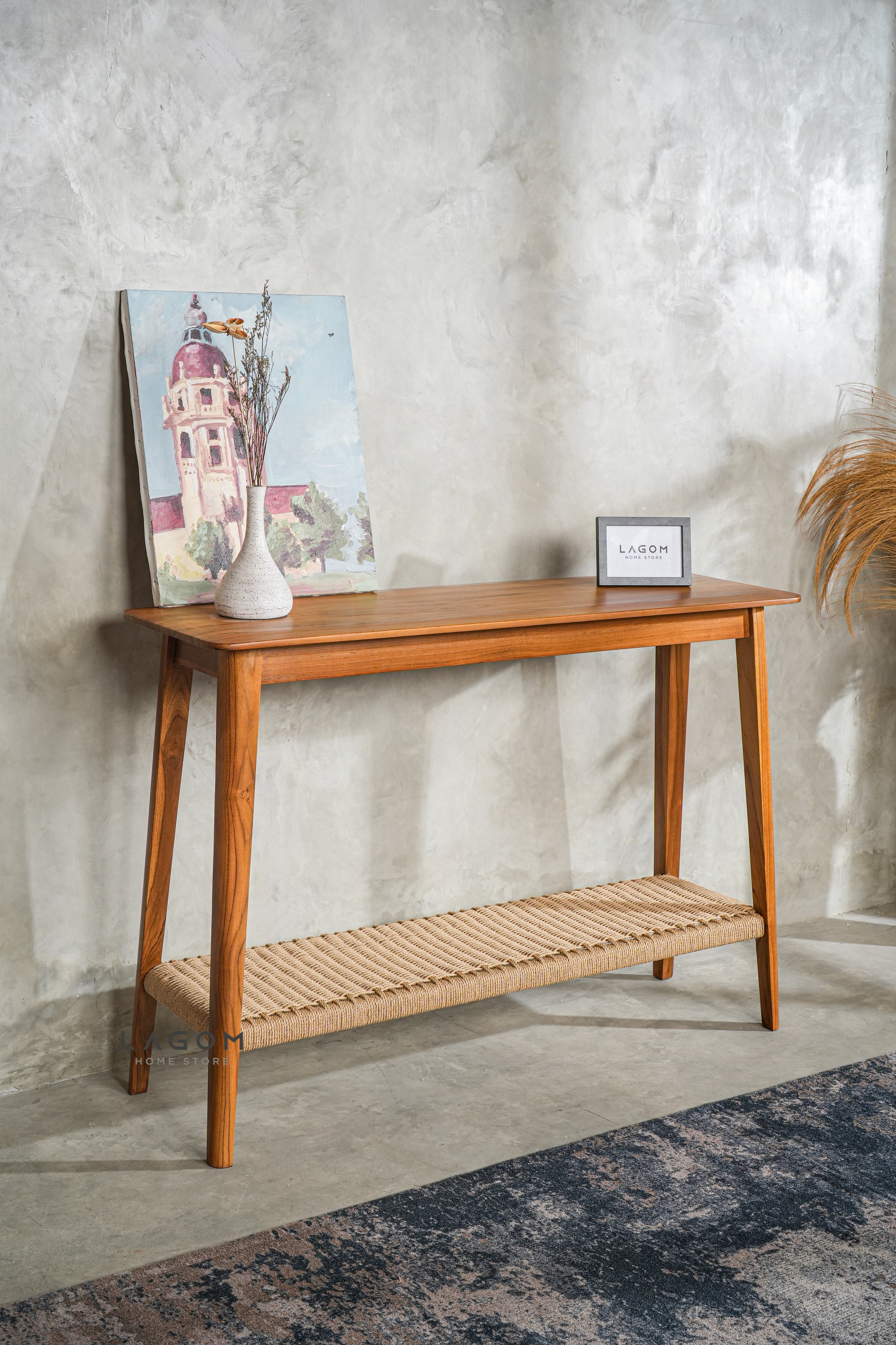 Meja Konsol Kayu Jati dengan Rak Premium Loom Console Table Lagom Home Store Jati Furnitur Teak Furniture Jakarta