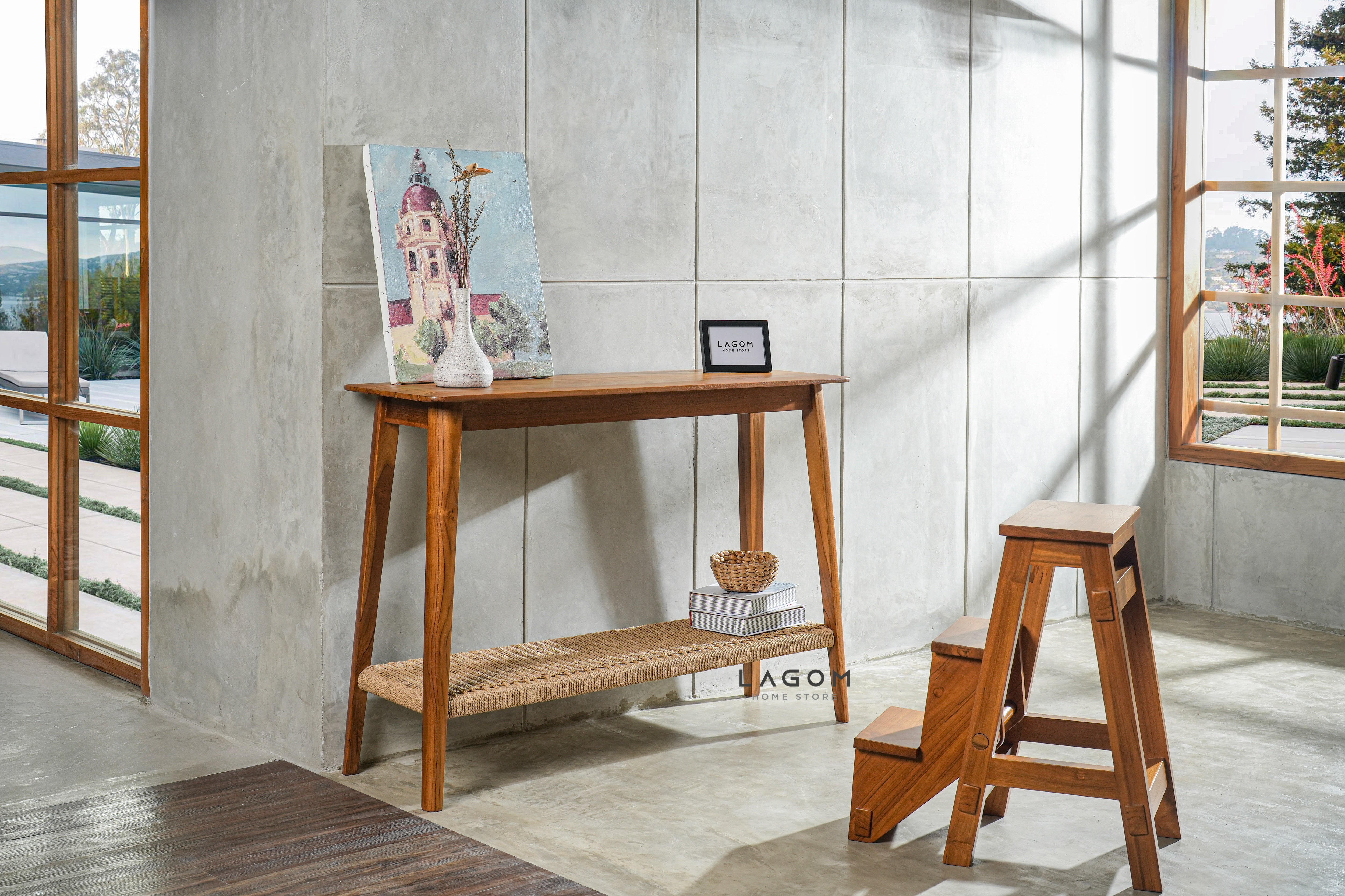 Meja Konsol Kayu Jati dengan Rak Premium Loom Console Table Lagom Home Store Jati Furnitur Teak Furniture Jakarta