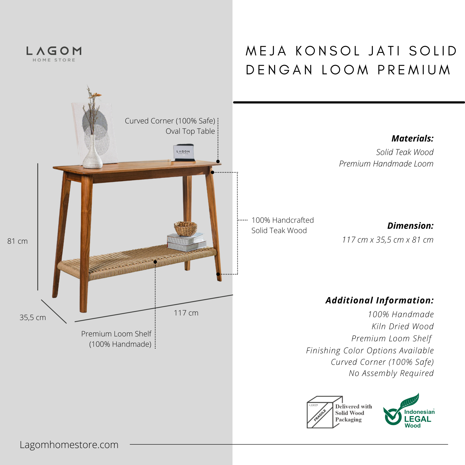 Meja Konsol Kayu Jati dengan Rak Premium Loom Console Table Lagom Home Store Jati Furnitur Teak Furniture Jakarta