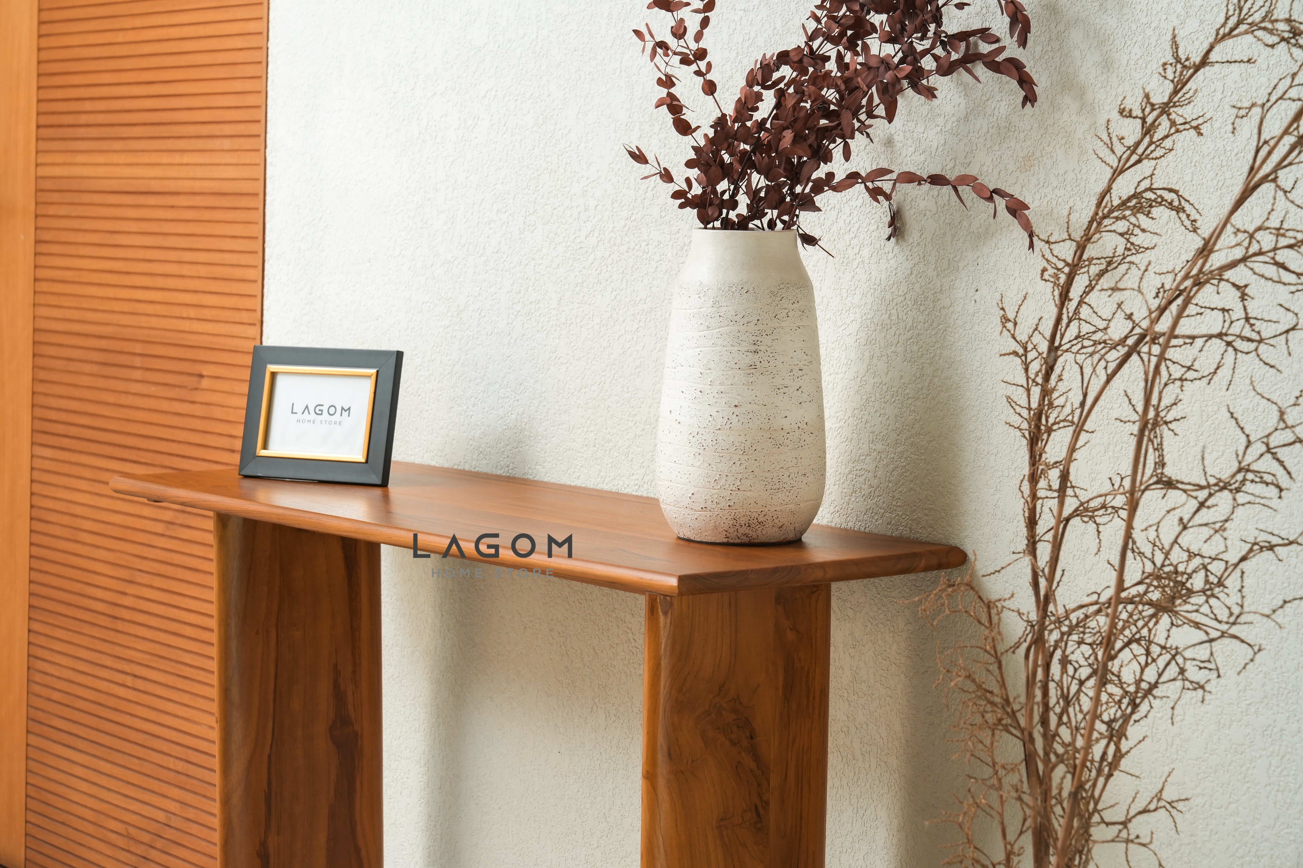 Meja Konsol Minimalis Jati dengan Kaki Unik Console Table Lagom Home Store Jati Furnitur Teak Furniture Jakarta