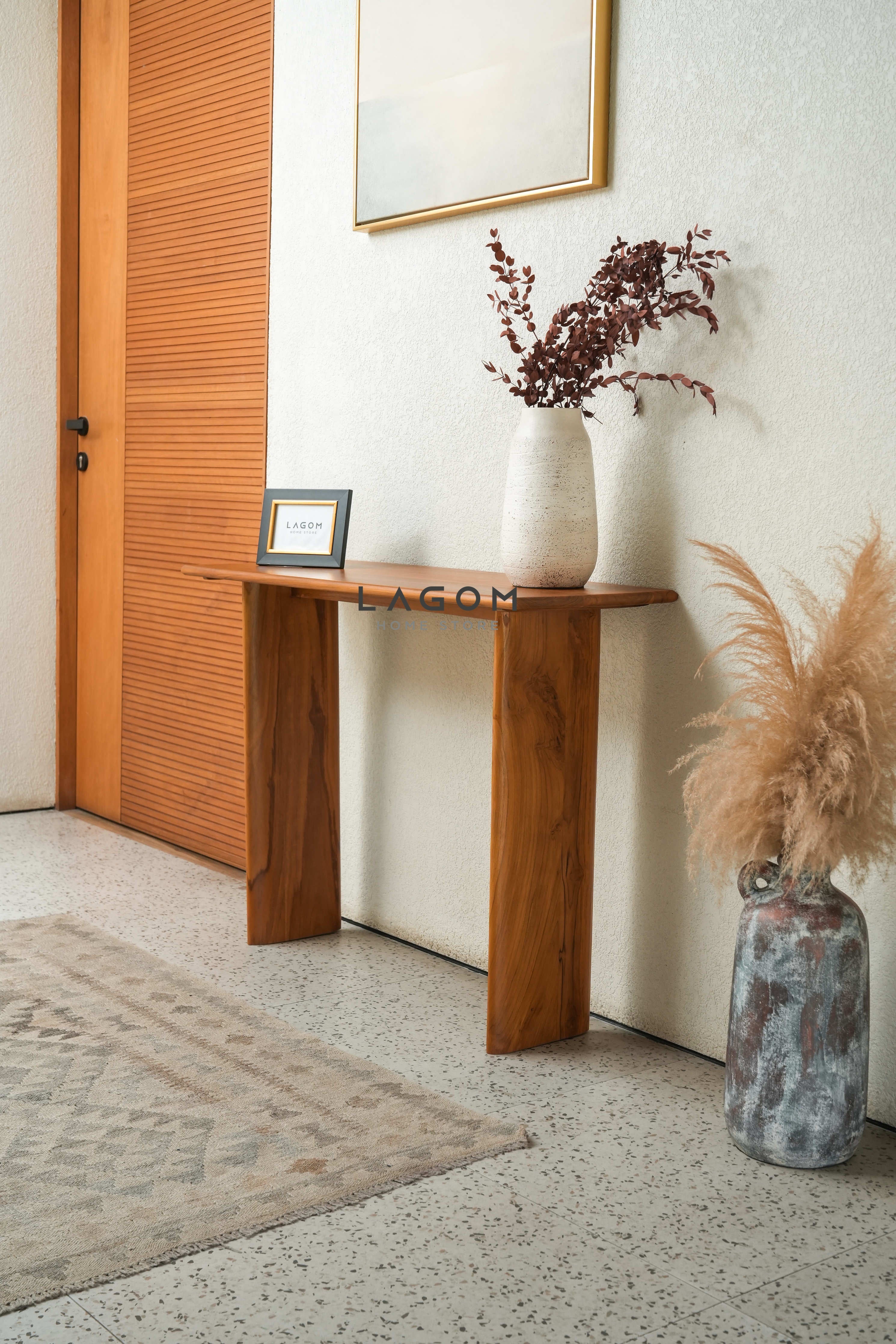 Meja Konsol Minimalis Jati dengan Kaki Unik Console Table Lagom Home Store Jati Furnitur Teak Furniture Jakarta