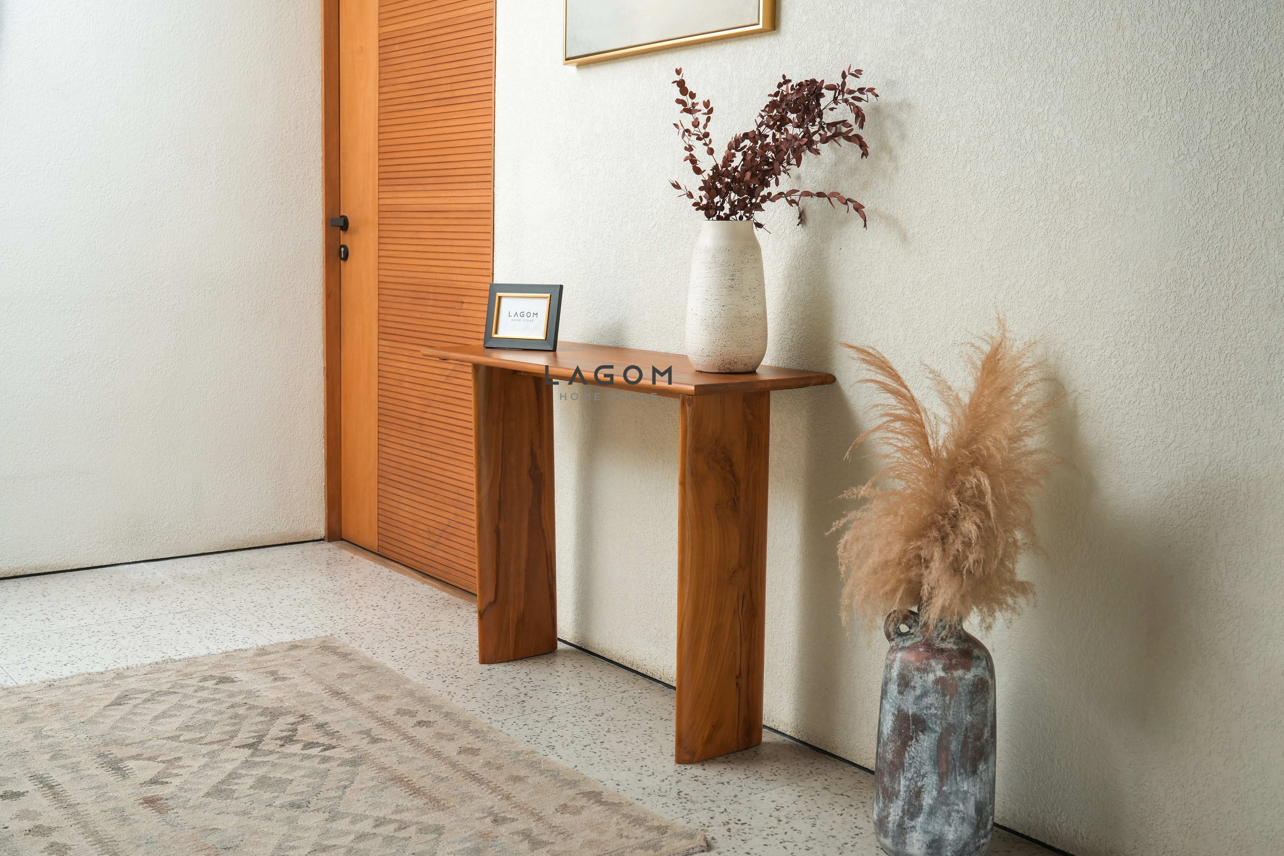 Meja Konsol Minimalis Jati dengan Kaki Unik Console Table Lagom Home Store Jati Furnitur Teak Furniture Jakarta