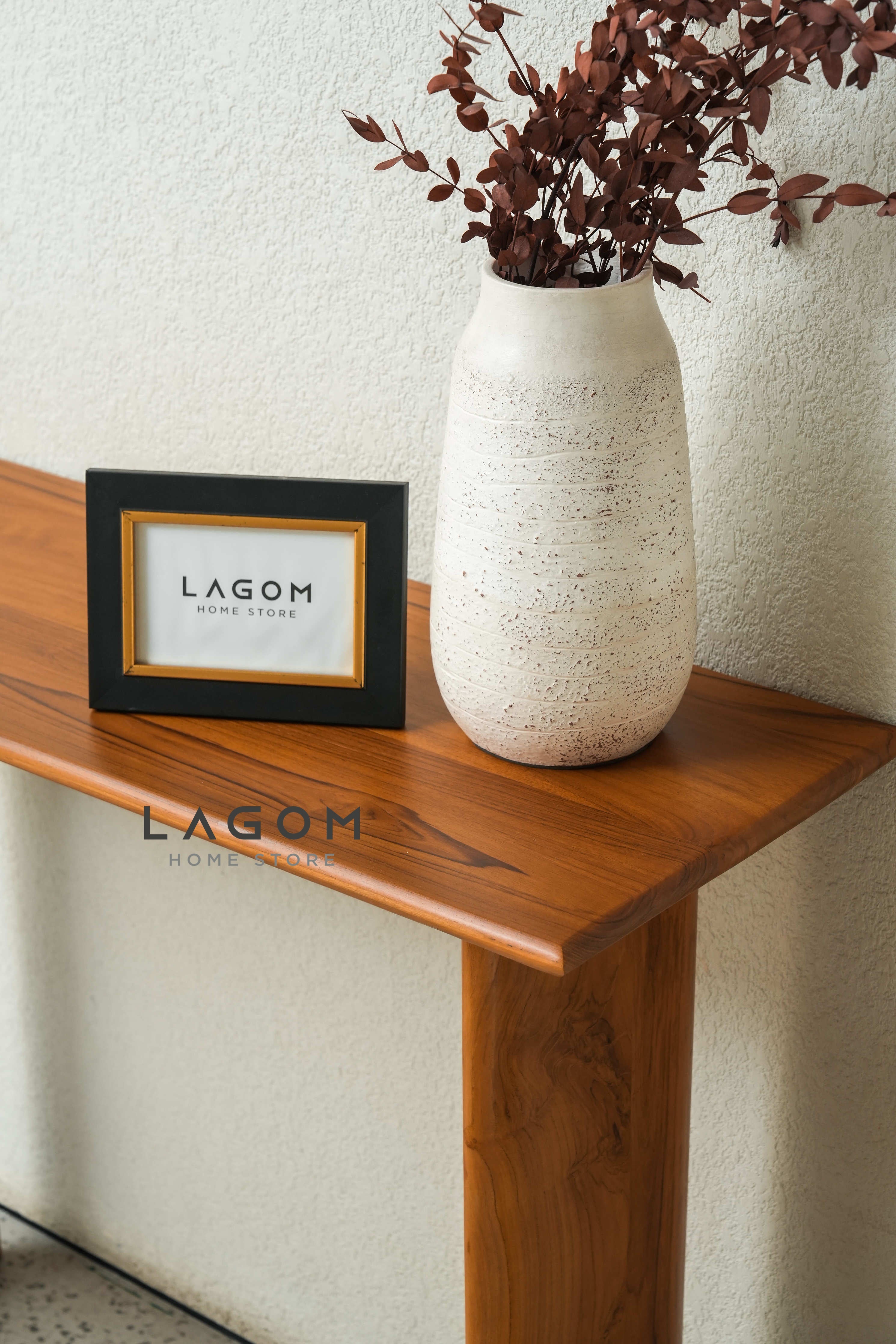 Meja Konsol Minimalis Jati dengan Kaki Unik Console Table Lagom Home Store Jati Furnitur Teak Furniture Jakarta