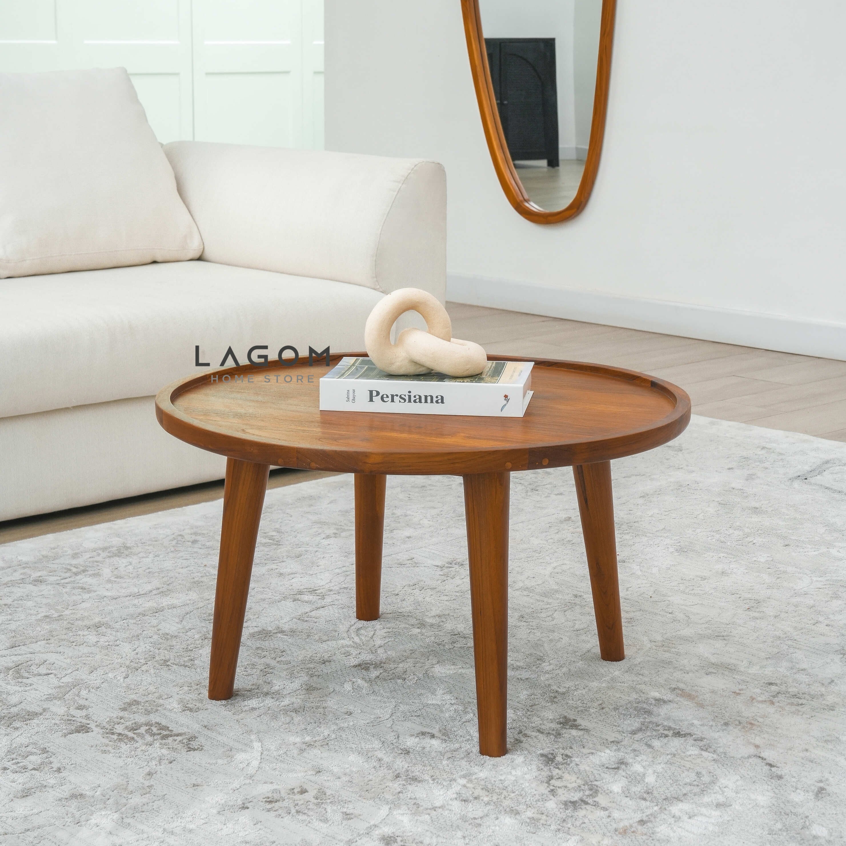 Meja Kopi Bundar Minimalis dari Kayu Jati Solid - Diameter 71 cm Coffee Table Lagom Home Store Jati Furnitur Teak Furniture Jakarta