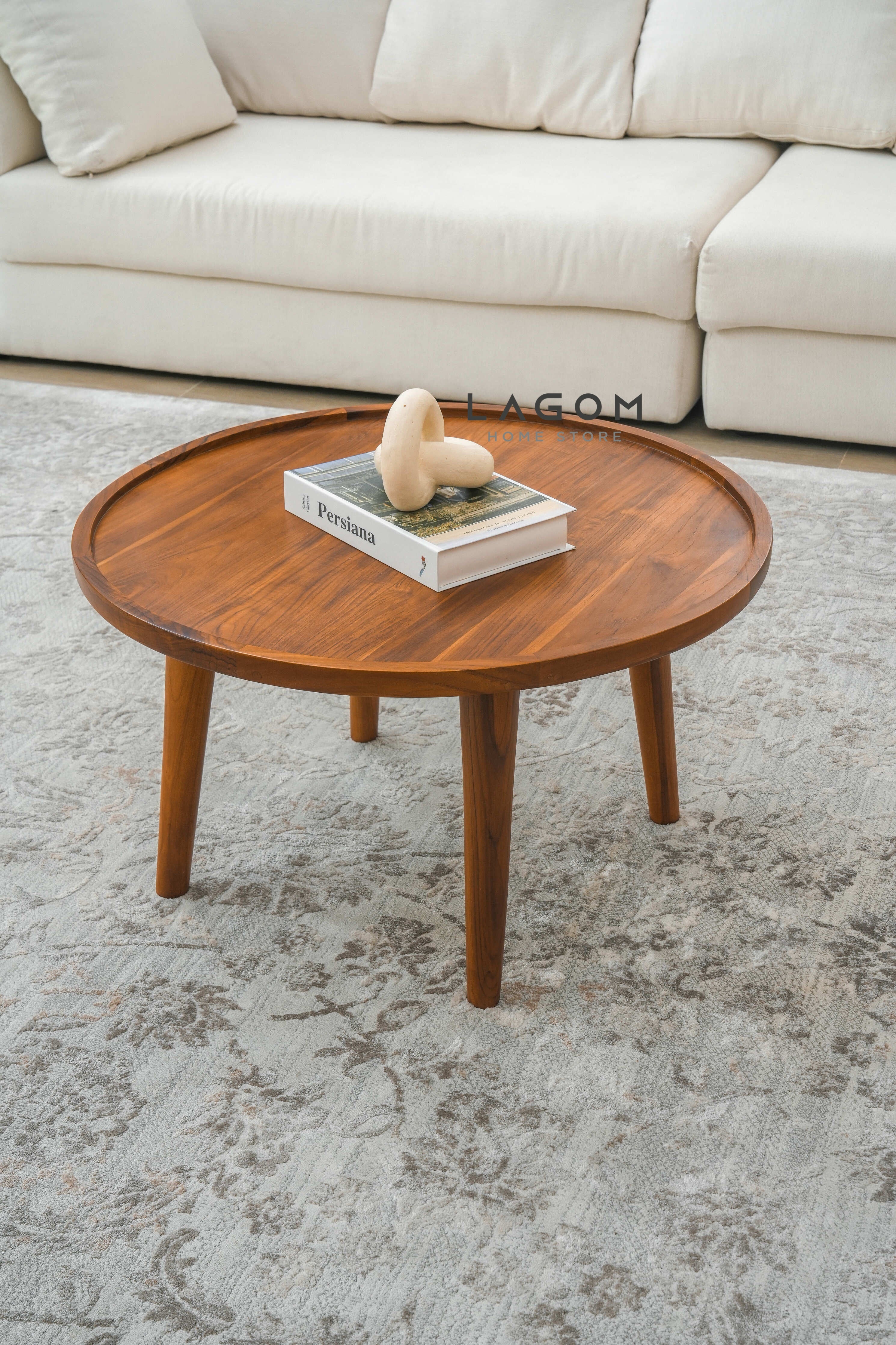 Meja Kopi Bundar Minimalis dari Kayu Jati Solid - Diameter 71 cm Coffee Table Lagom Home Store Jati Furnitur Teak Furniture Jakarta