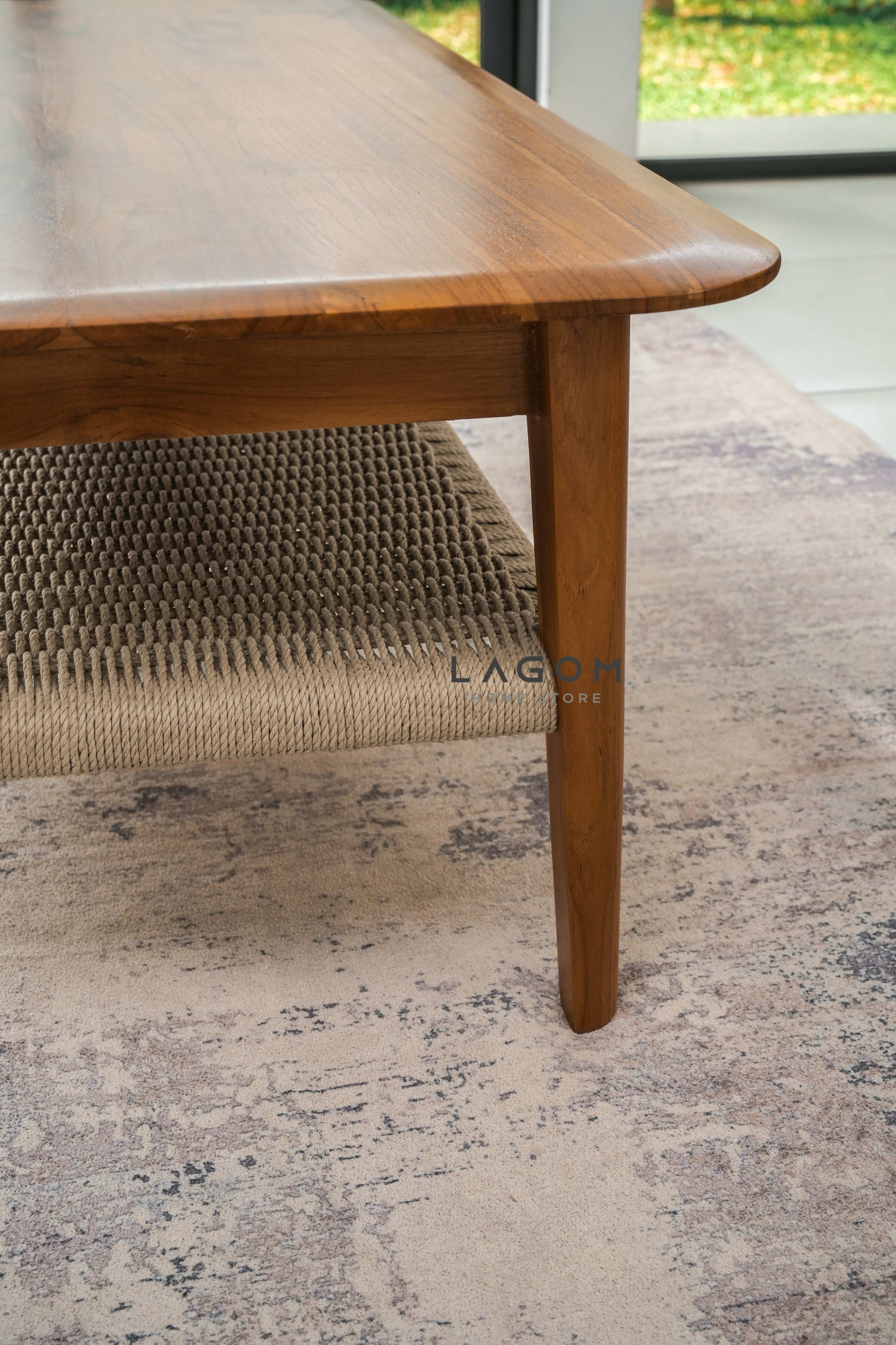 Meja Kopi Kayu Jati dengan Ambalan Bentuk Persegi Panjang Coffee Table Lagom Home Store Jati Furnitur Teak Furniture Jakarta