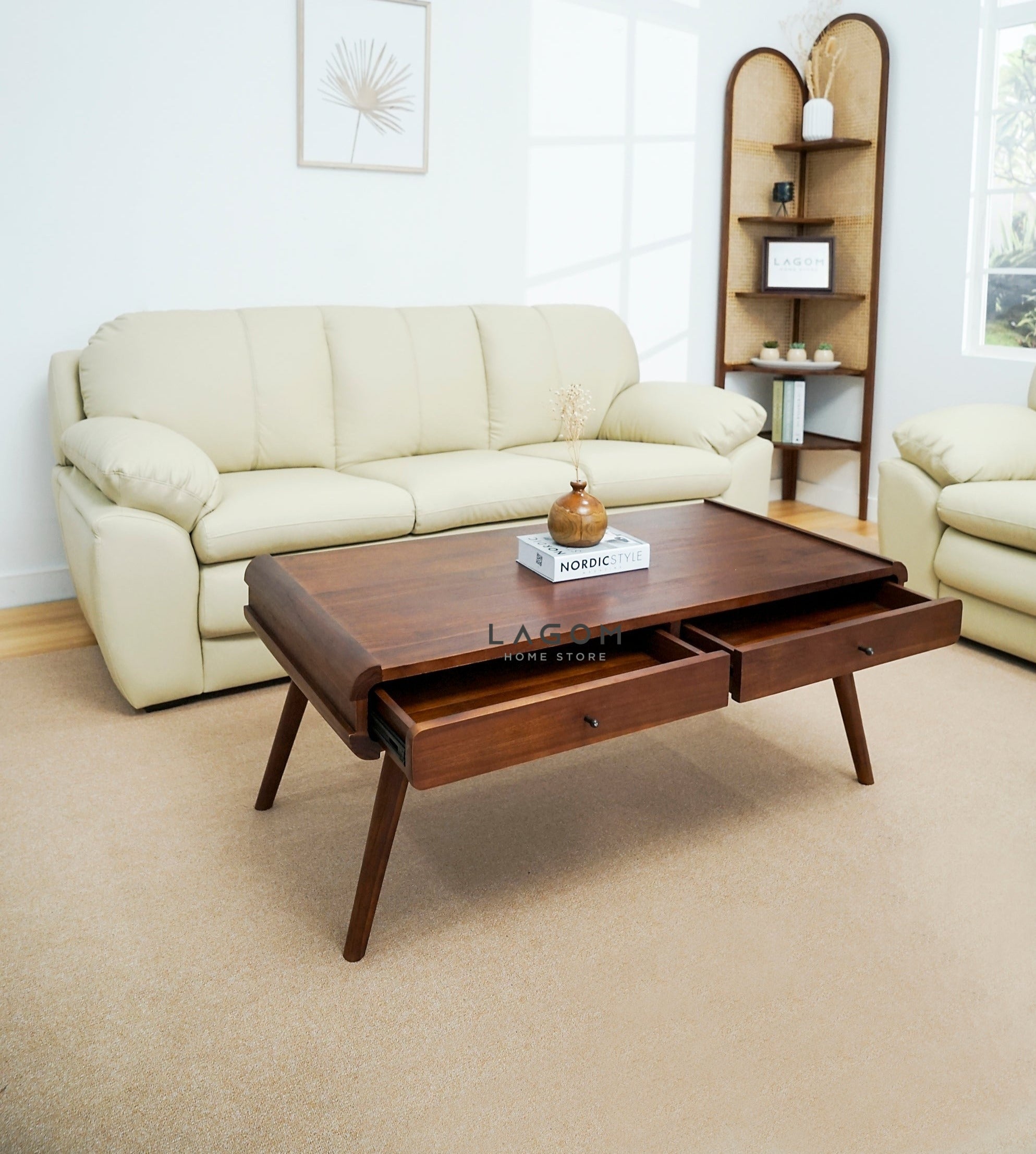 Meja Kopi Minimalis Unik dari Kayu Jati Solid dengan 2 Laci Coffee Table Lagom Home Store Jati Furnitur Teak Furniture Jakarta