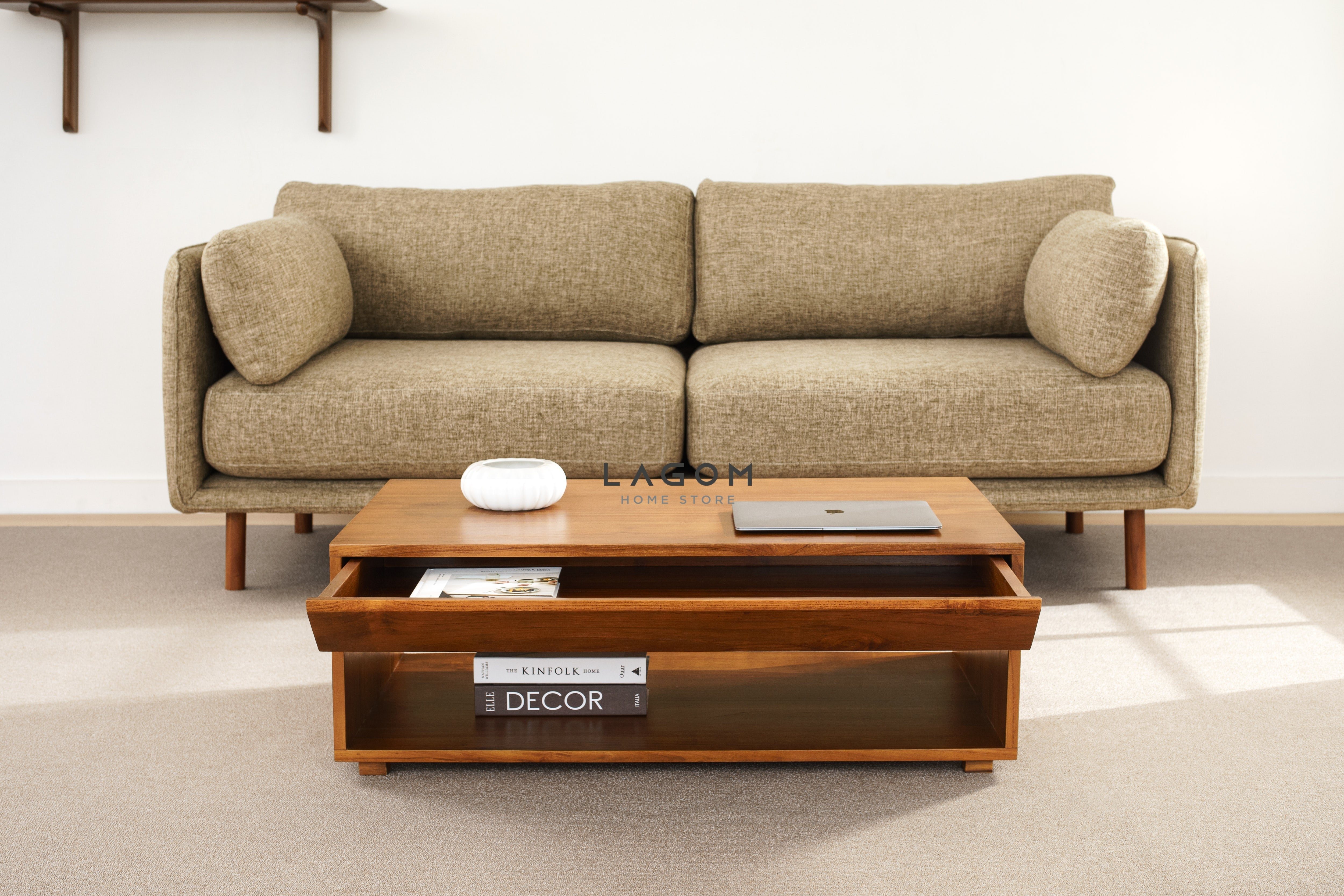 Meja Kopi Ruang Tamu Unik dari Jati dengan Laci dan Ambalan Coffee Table Lagom Home Store Jati Furnitur Teak Furniture Jakarta