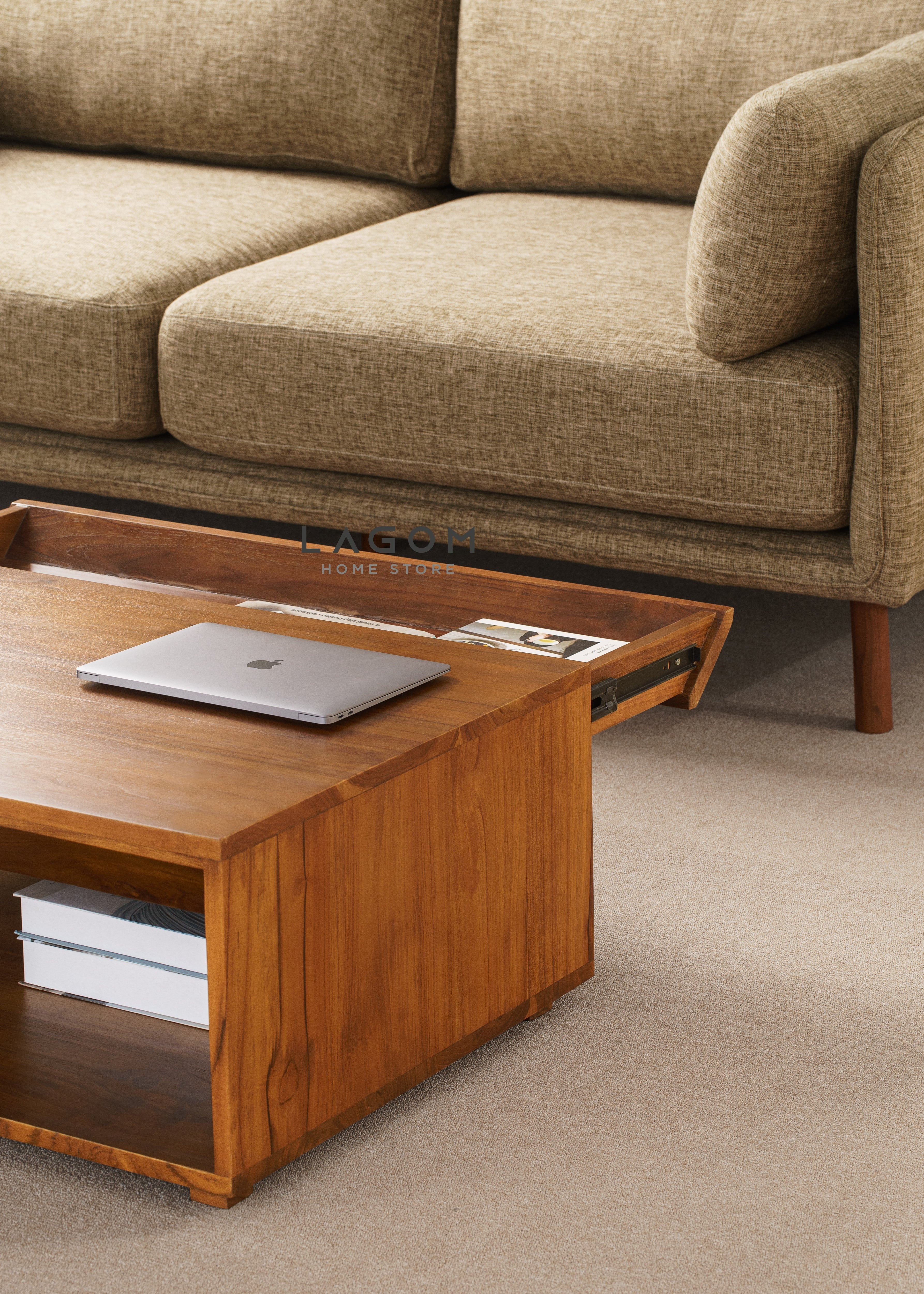 Meja Kopi Ruang Tamu Unik dari Jati dengan Laci dan Ambalan Coffee Table Lagom Home Store Jati Furnitur Teak Furniture Jakarta
