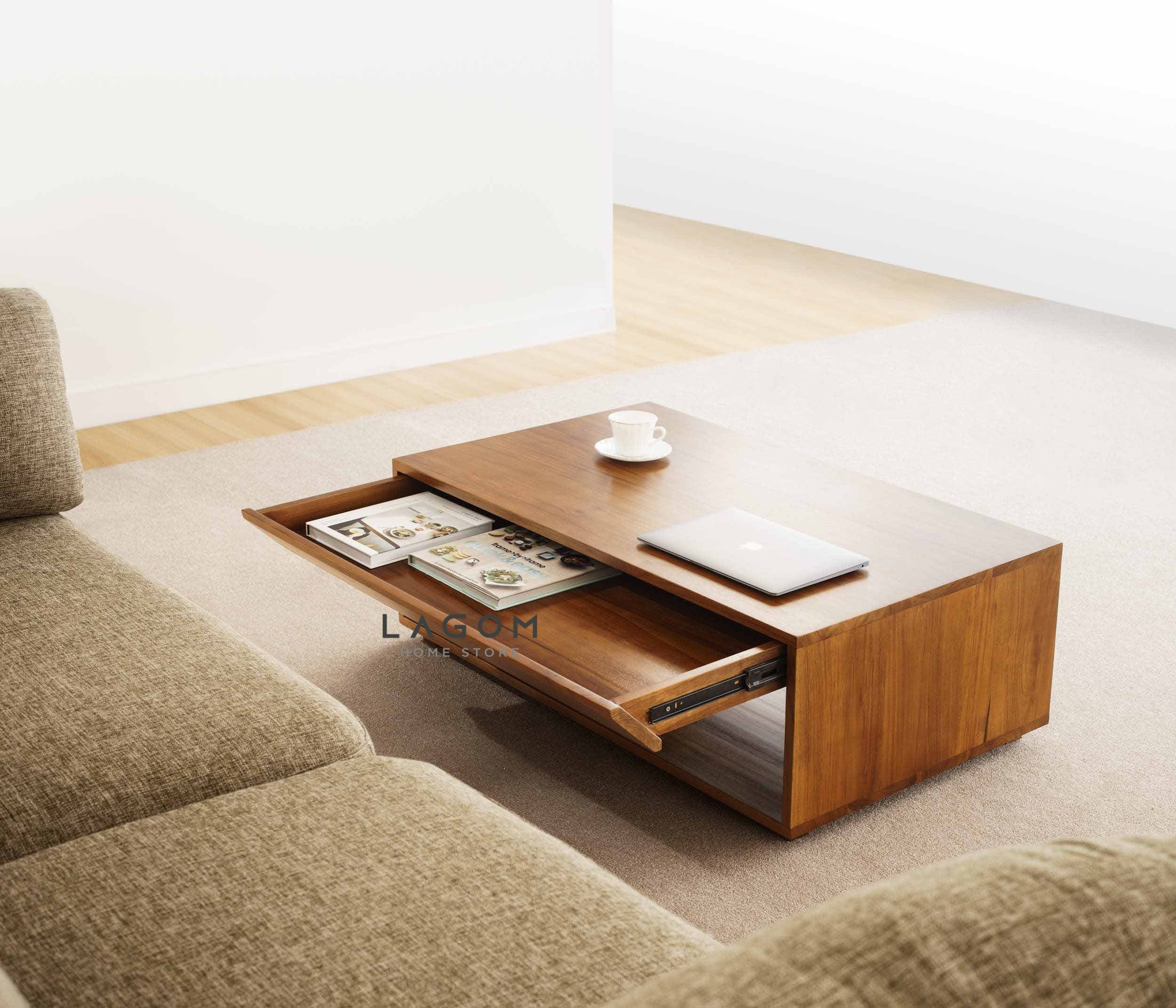 Meja Kopi Ruang Tamu Unik dari Jati dengan Laci dan Ambalan Coffee Table Lagom Home Store Jati Furnitur Teak Furniture Jakarta