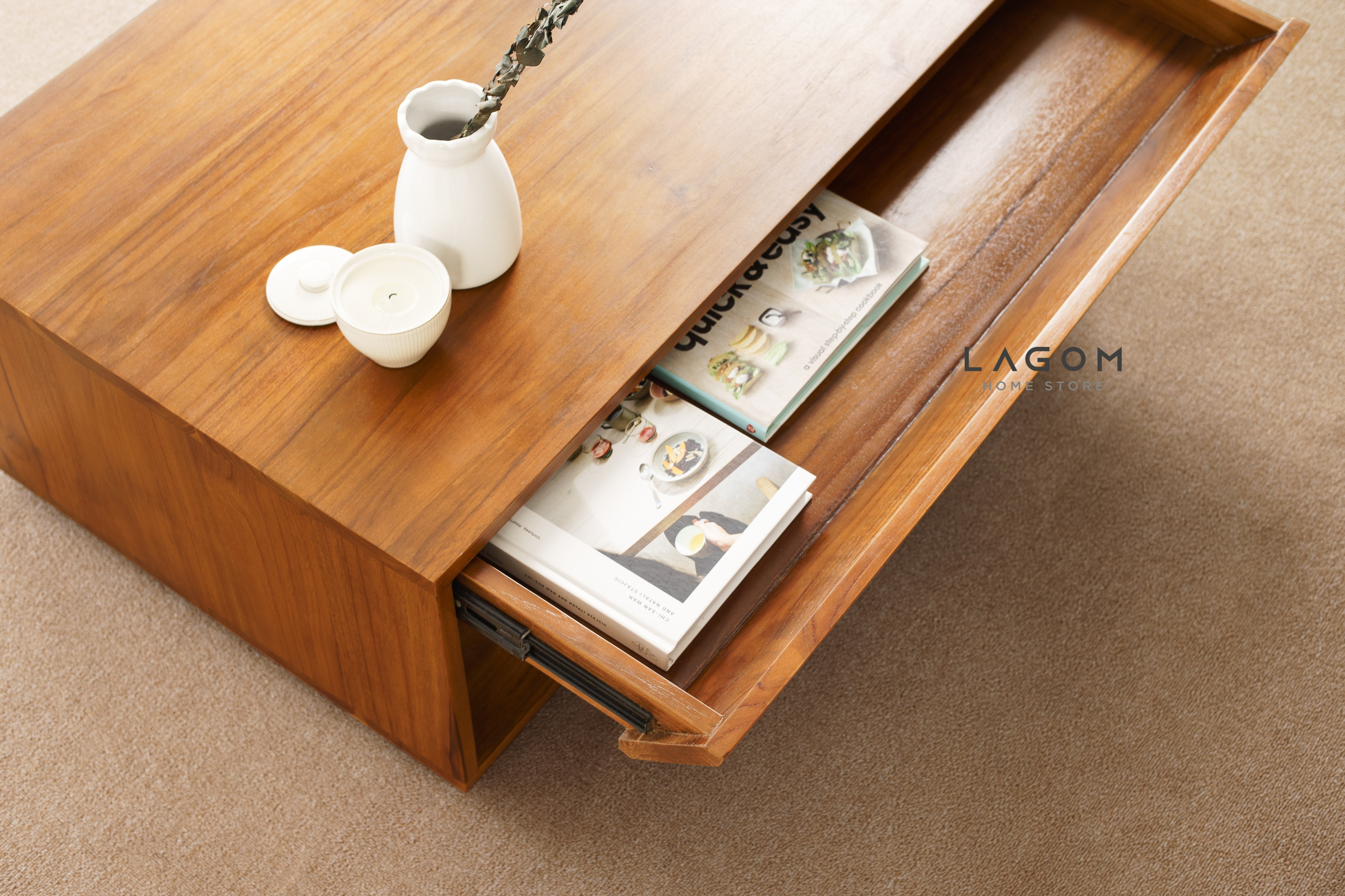 Meja Kopi Ruang Tamu Unik dari Jati dengan Laci dan Ambalan Coffee Table Lagom Home Store Jati Furnitur Teak Furniture Jakarta