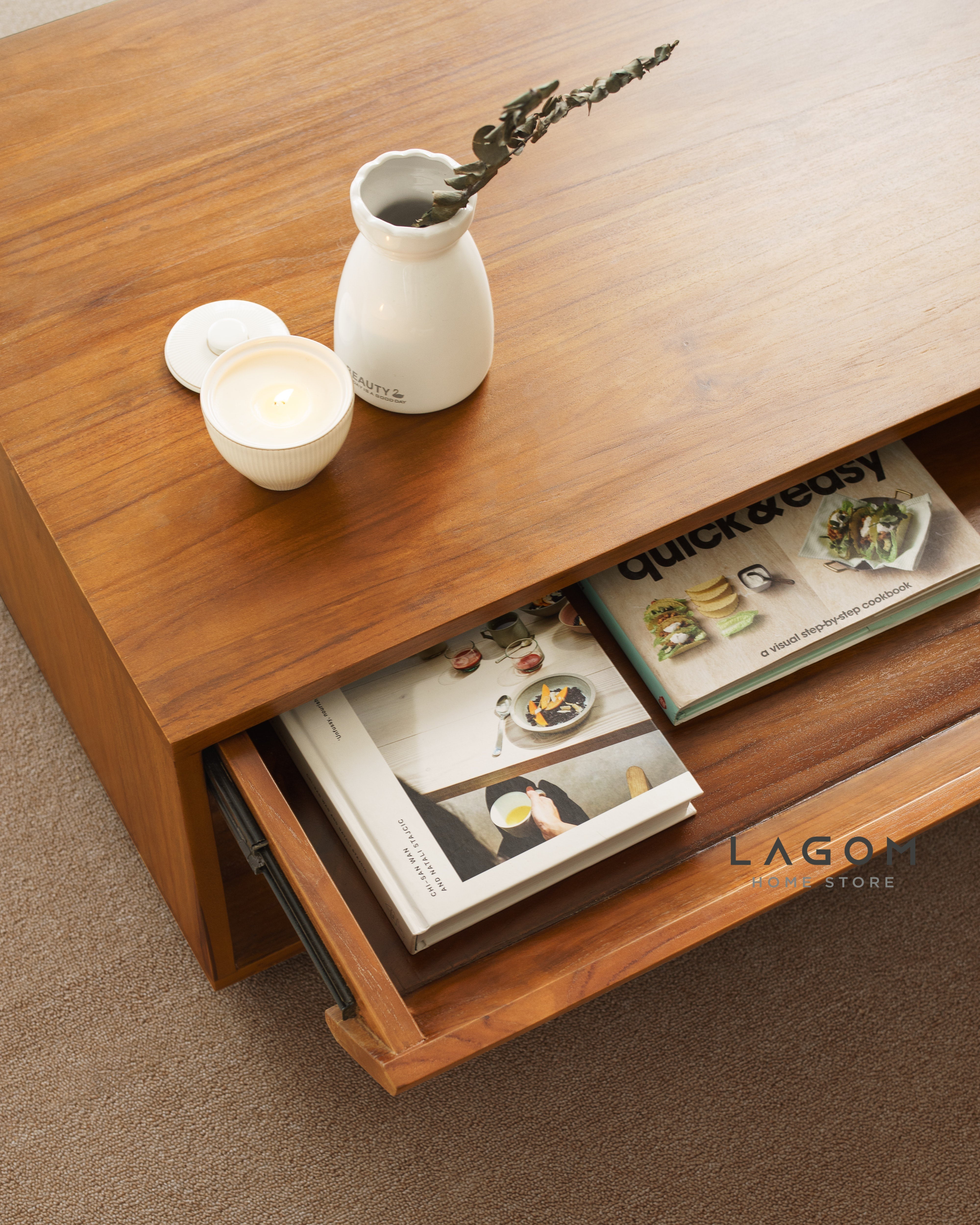 Meja Kopi Ruang Tamu Unik dari Jati dengan Laci dan Ambalan Coffee Table Lagom Home Store Jati Furnitur Teak Furniture Jakarta