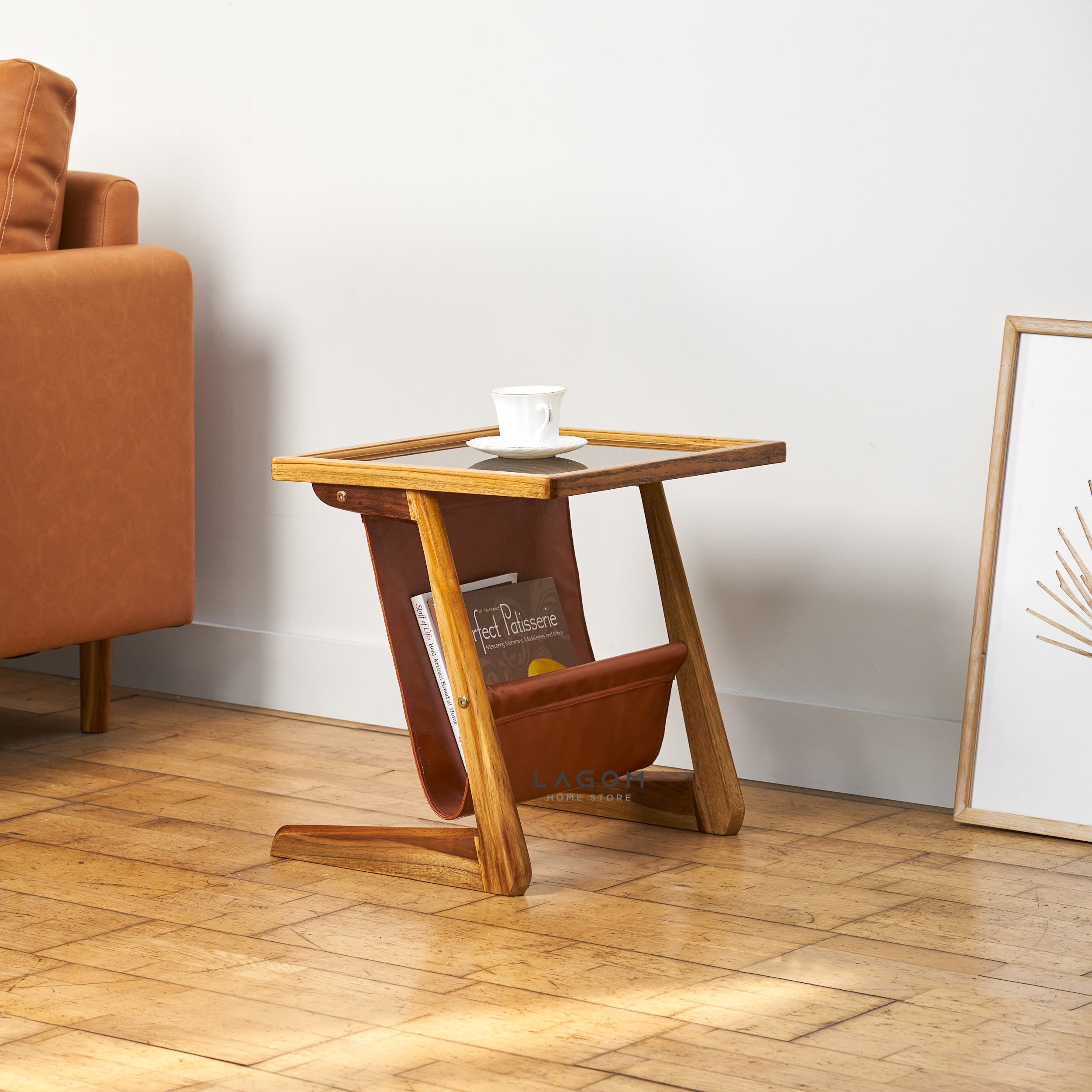 Meja Samping dari Kayu Jati dan Faux Leather Side Table Lagom Home Store Jati Furnitur Teak Furniture Jakarta