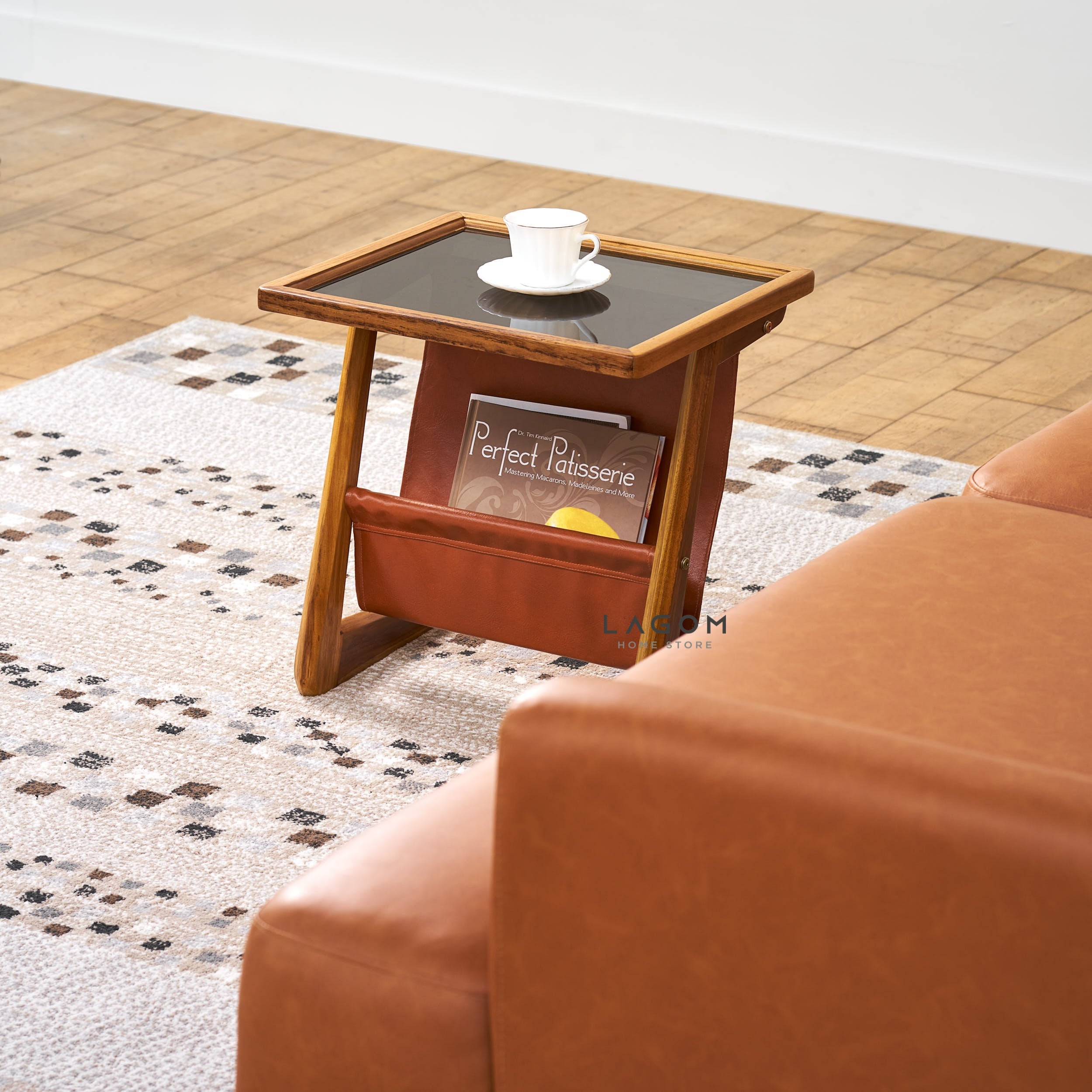 Meja Samping dari Kayu Jati dan Faux Leather Side Table Lagom Home Store Jati Furnitur Teak Furniture Jakarta