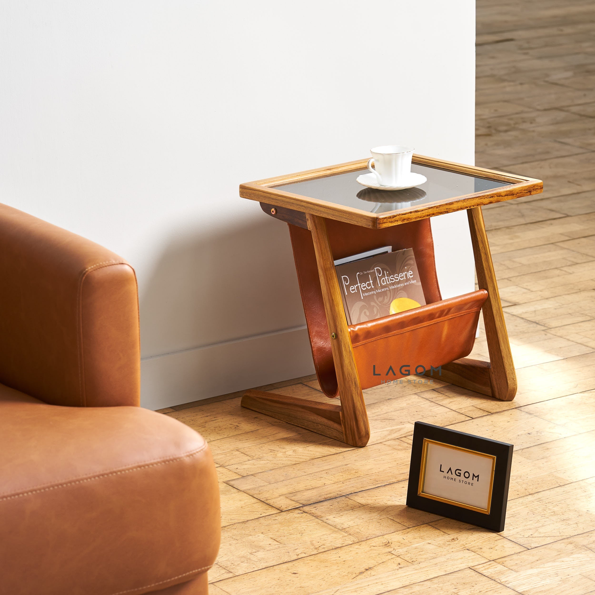 Meja Samping dari Kayu Jati dan Faux Leather Side Table Lagom Home Store Jati Furnitur Teak Furniture Jakarta