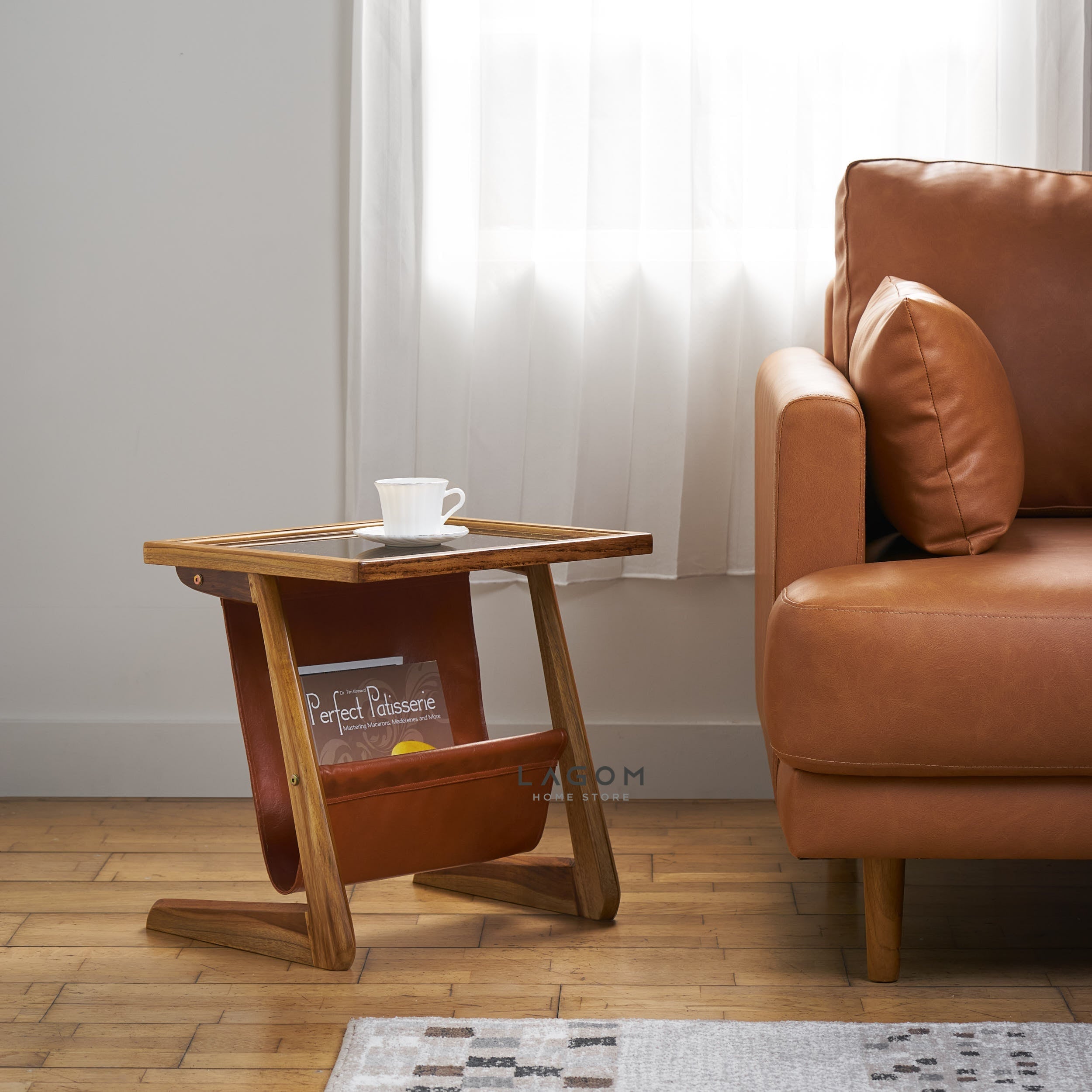 Meja Samping dari Kayu Jati dan Faux Leather Side Table Lagom Home Store Jati Furnitur Teak Furniture Jakarta