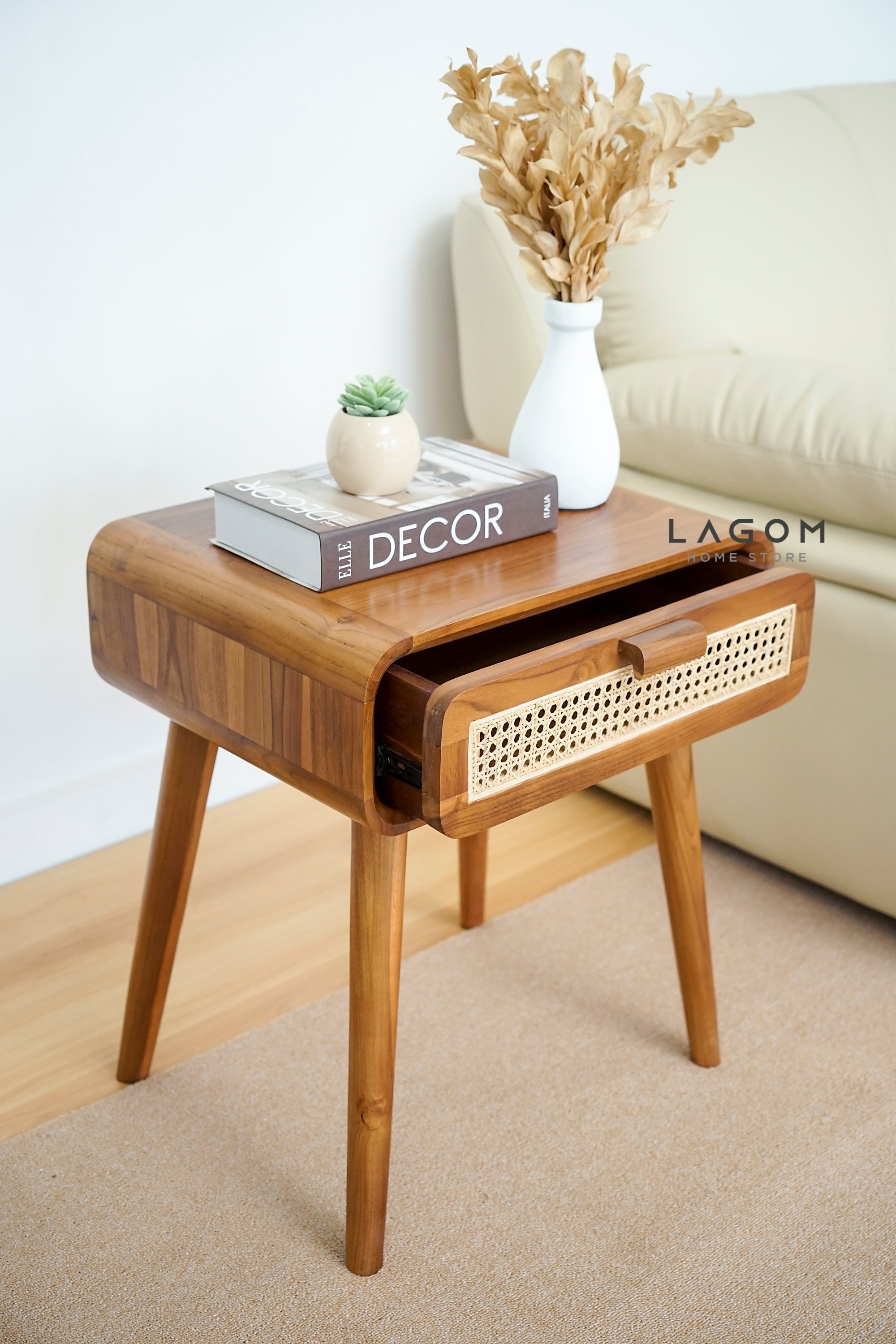 Meja Samping dari Kayu Jati Solid dan Rotan Premium Side Table Lagom Home Store Jati Furnitur Teak Furniture Jakarta
