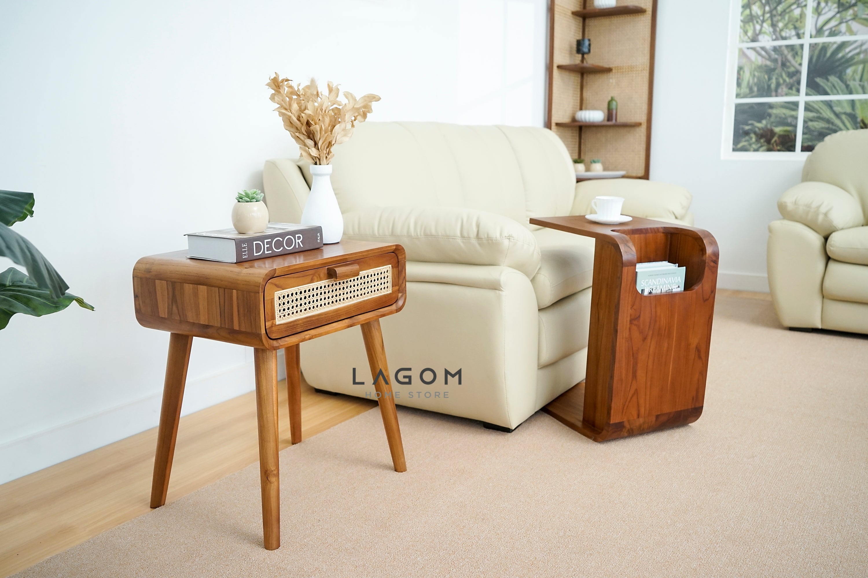Meja Samping dari Kayu Jati Solid dan Rotan Premium Side Table Lagom Home Store Jati Furnitur Teak Furniture Jakarta