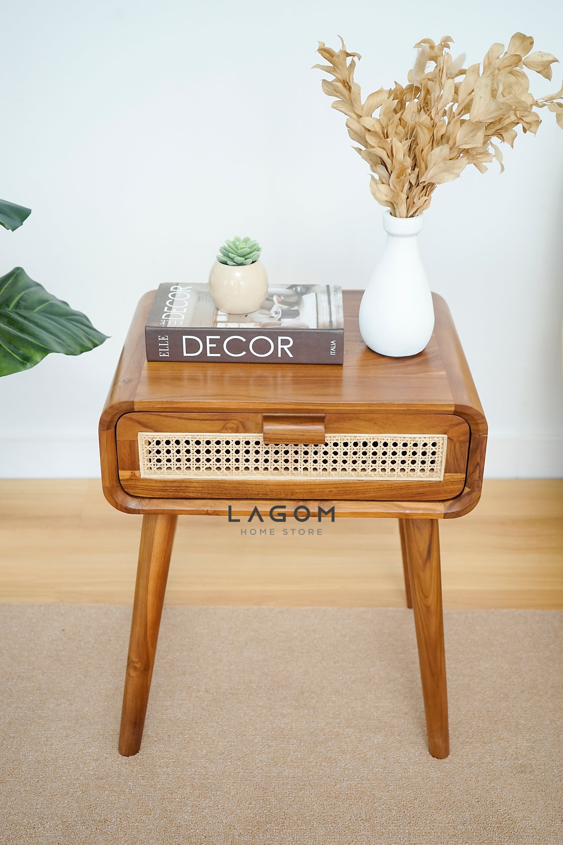 Meja Samping dari Kayu Jati Solid dan Rotan Premium Side Table Lagom Home Store Jati Furnitur Teak Furniture Jakarta