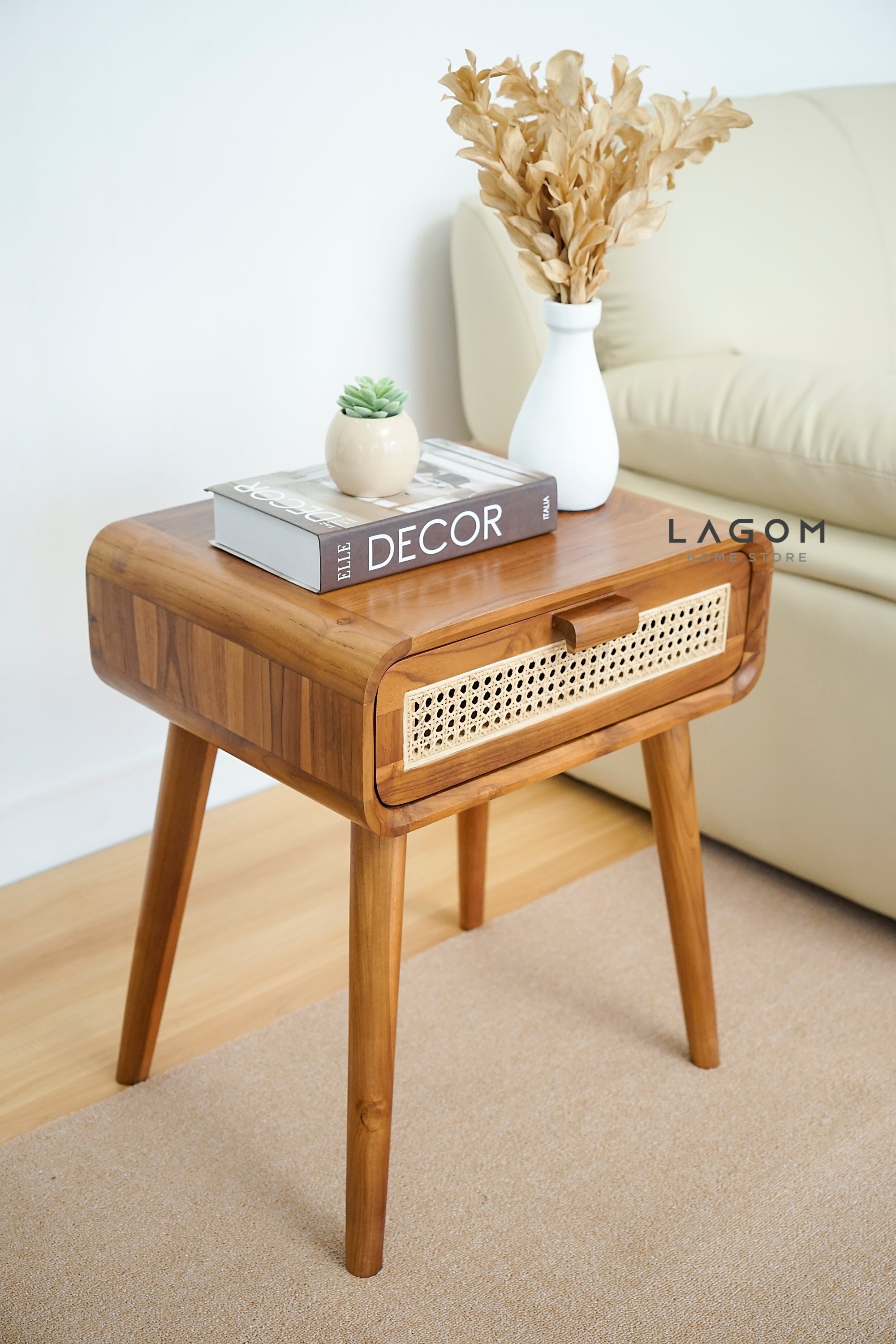 Meja Samping dari Kayu Jati Solid dan Rotan Premium Side Table Lagom Home Store Jati Furnitur Teak Furniture Jakarta