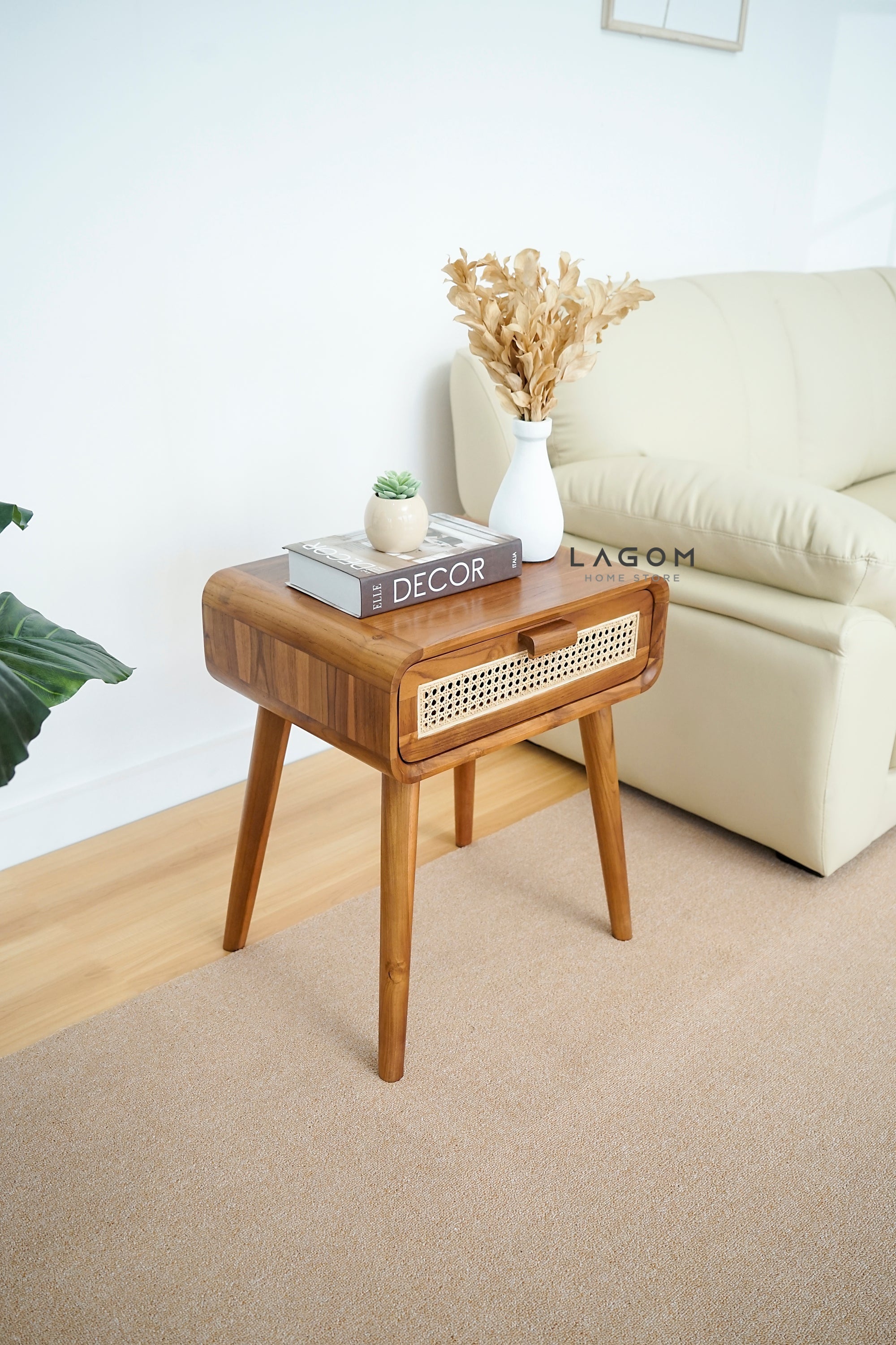 Meja Samping dari Kayu Jati Solid dan Rotan Premium Side Table Lagom Home Store Jati Furnitur Teak Furniture Jakarta