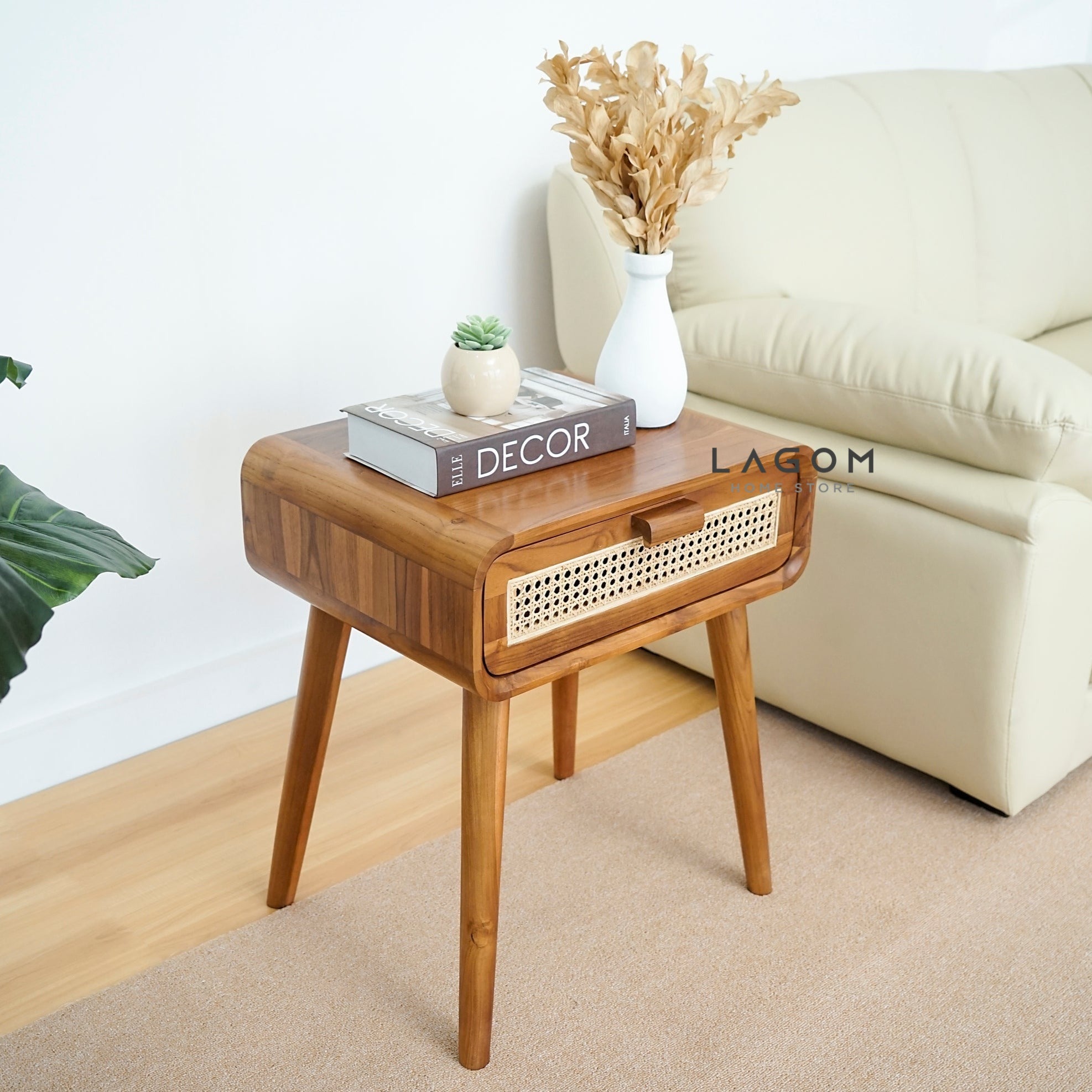 Meja Samping dari Kayu Jati Solid dan Rotan Premium Side Table Lagom Home Store Jati Furnitur Teak Furniture Jakarta