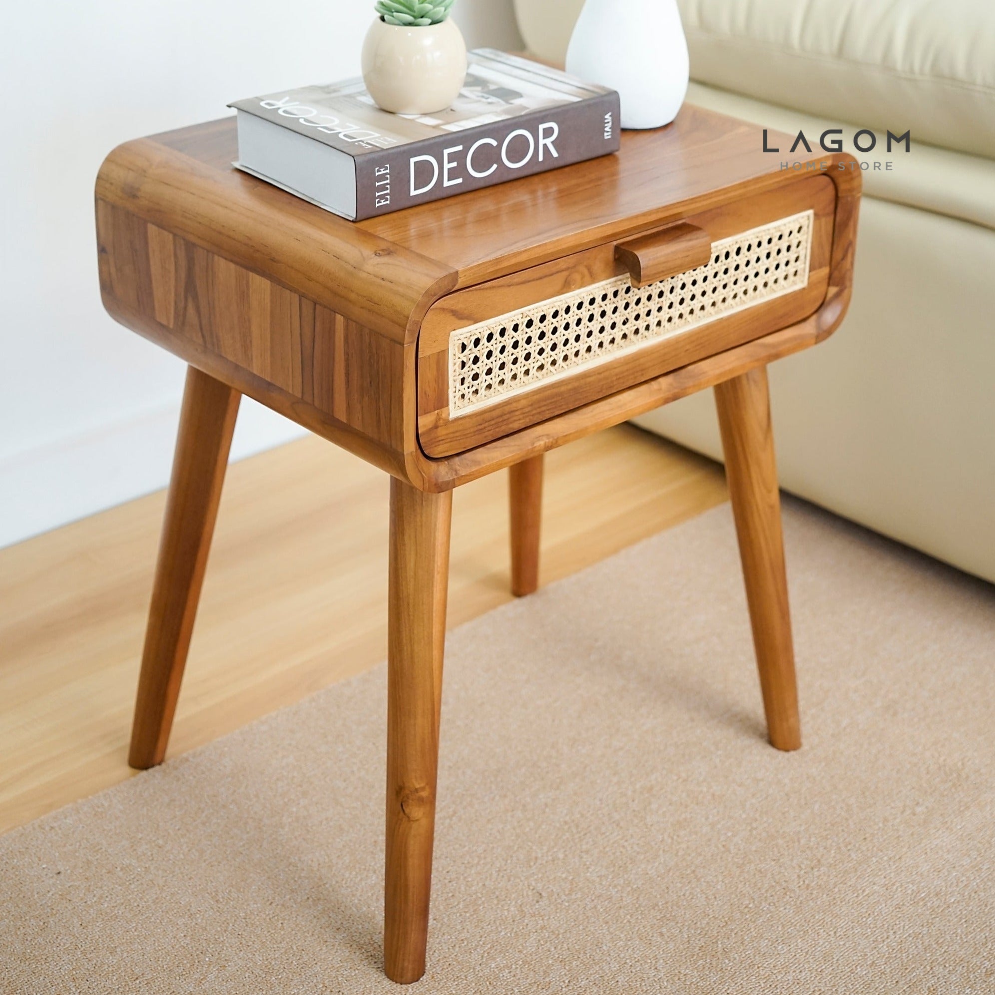 Meja Samping dari Kayu Jati Solid dan Rotan Premium Side Table Lagom Home Store Jati Furnitur Teak Furniture Jakarta