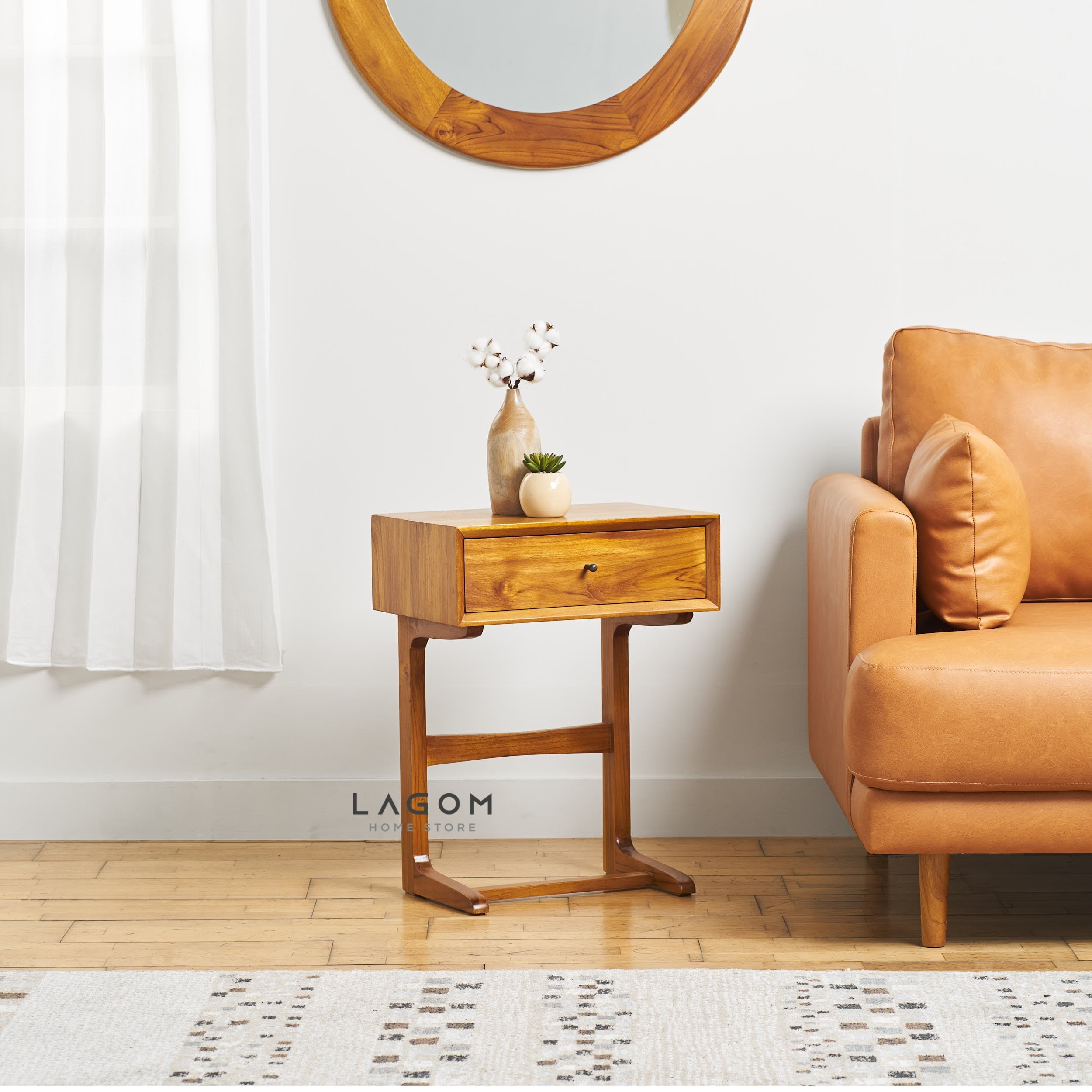 Meja Samping dengan Laci dari Kayu Jati Solid Side Table Lagom Home Store Jati Furnitur Teak Furniture Jakarta
