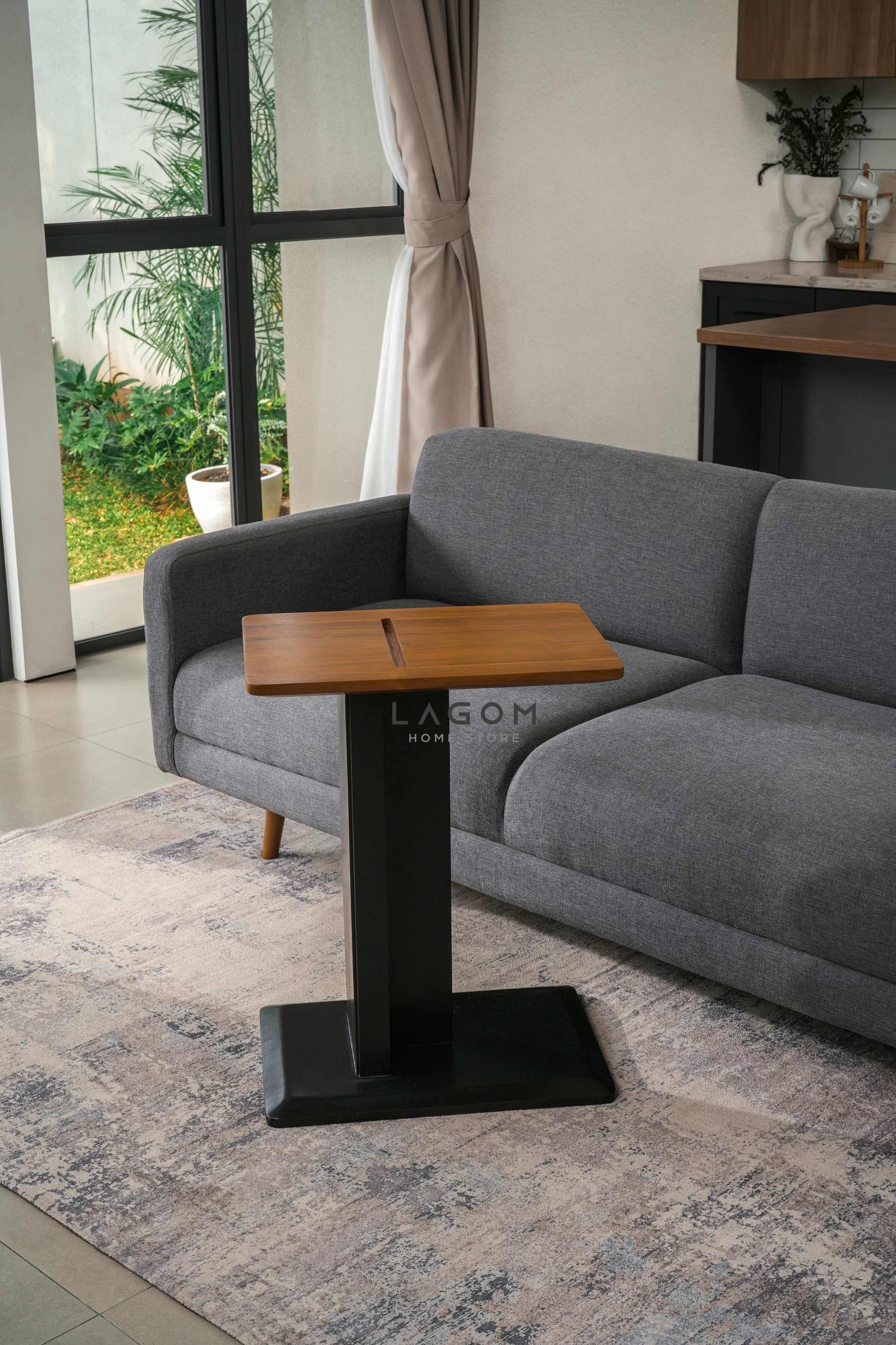 Meja Samping dengan Slot HP dan iPad dari Kayu Jati Side Table Lagom Home Store Jati Furnitur Teak Furniture Jakarta