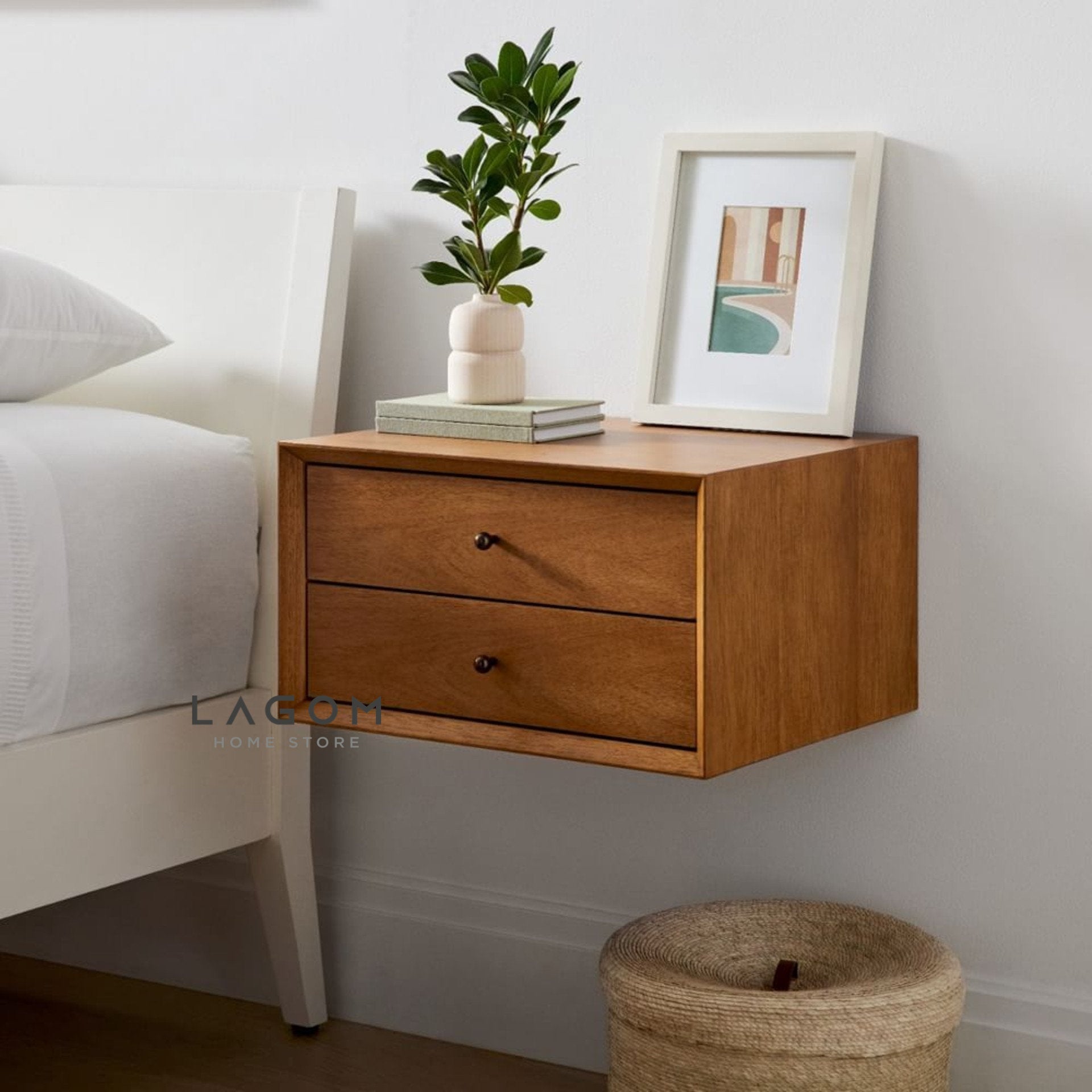 Meja Samping Gantung Kayu Jati Solid dengan 2 Laci Side Table Lagom Home Store Jati Furnitur Teak Furniture Jakarta