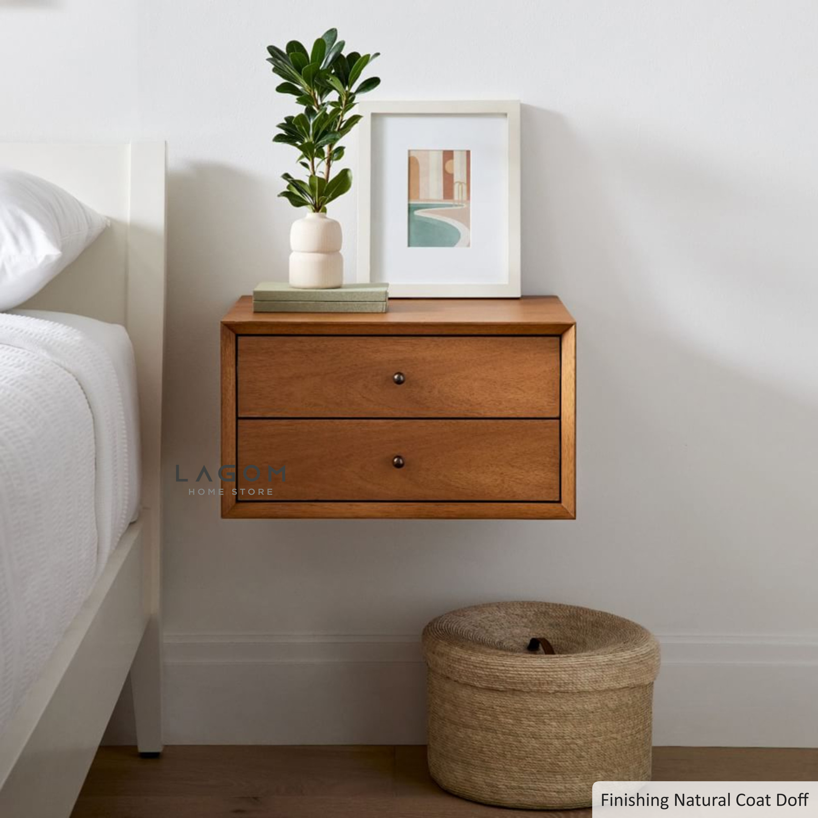 Meja Samping Gantung Kayu Jati Solid dengan 2 Laci Side Table Lagom Home Store Jati Furnitur Teak Furniture Jakarta