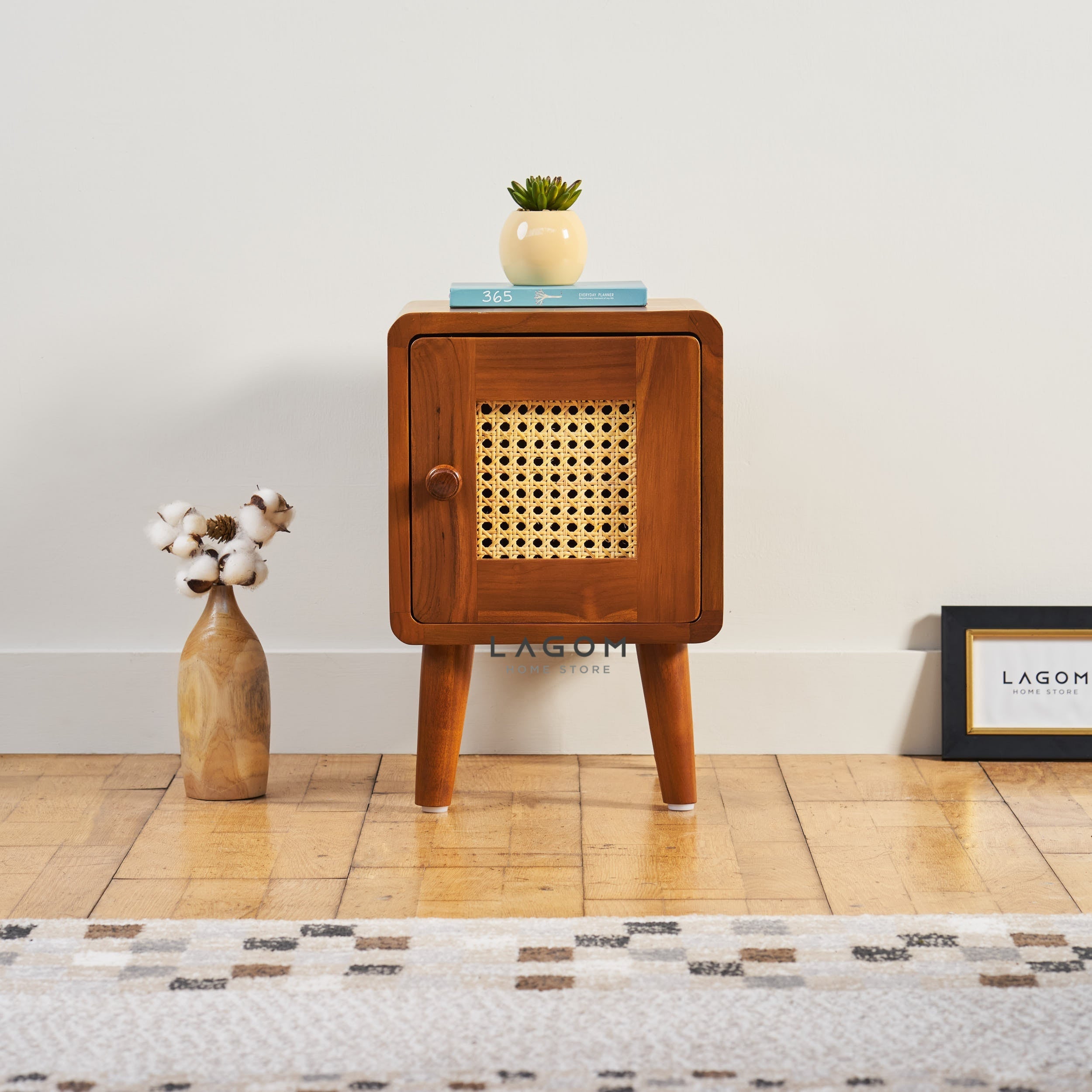 Meja Samping Kayu Jati dengan Pintu Rotan Side Table Lagom Home Store Jati Furnitur Teak Furniture Jakarta